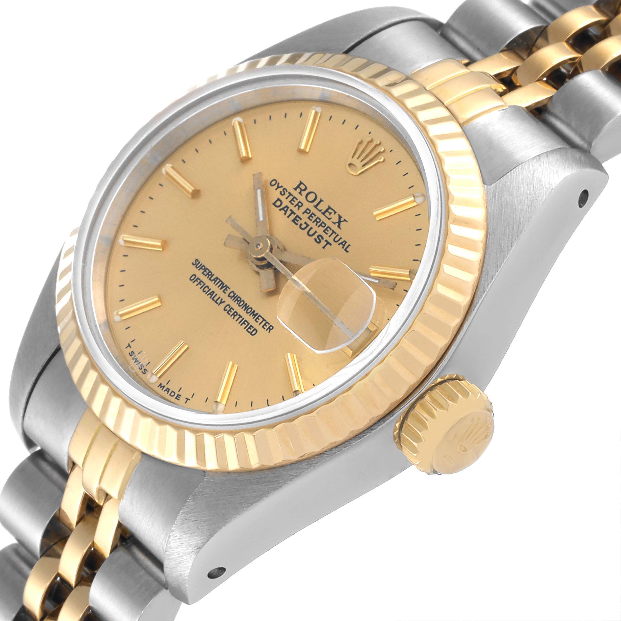 The image shows a close-up side-angle view of the Rolex Datejust 69173 Women's Steel and Gold (two tone) Champagne Dial 69173 Women's Steel and Gold (two tone) Champagne Dial, highlighting the gold dial, fluted bezel, and bracelet.