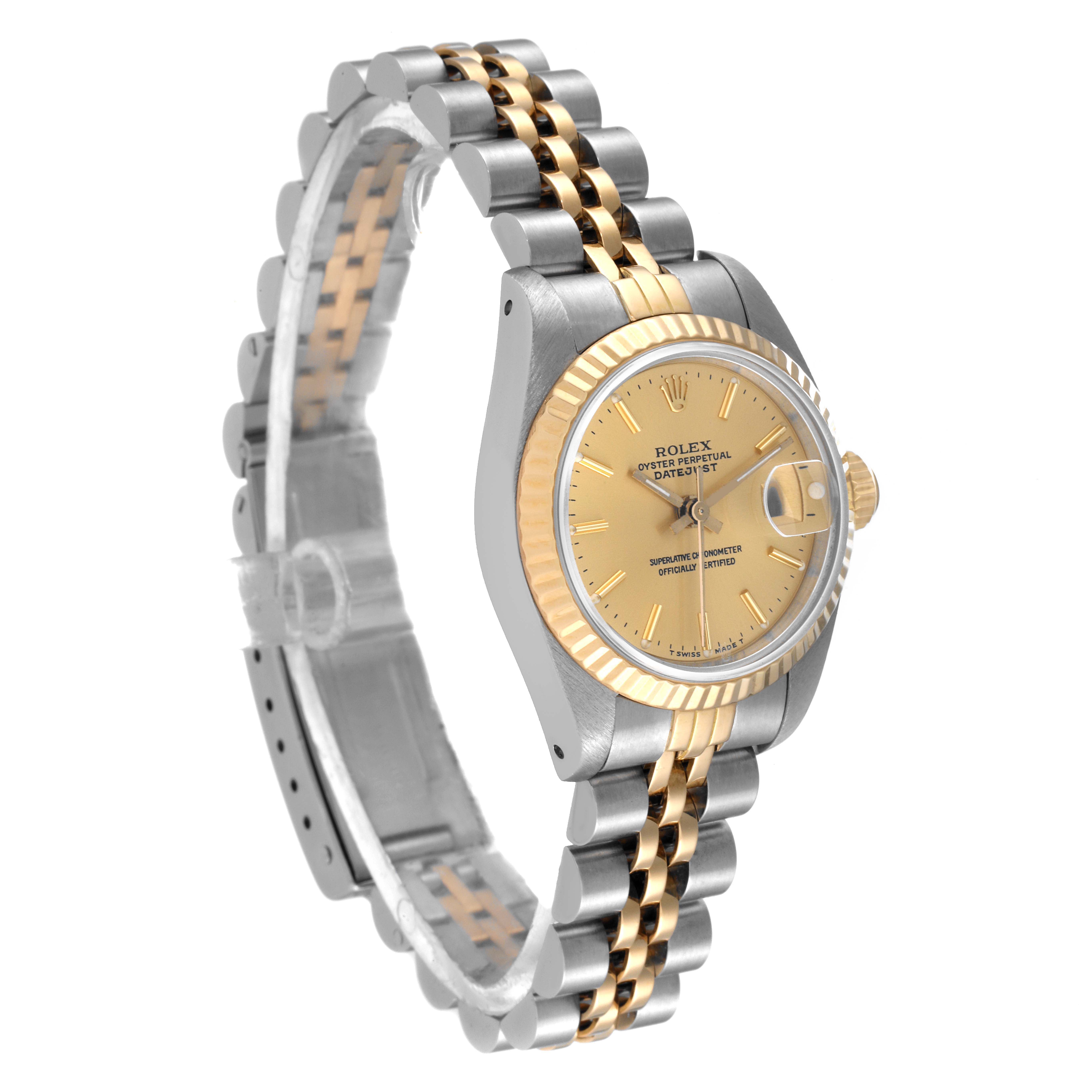 This Rolex Datejust 69173 Women's Steel and Gold (two tone) Champagne Dial 69173 Women's Steel and Gold (two tone) Champagne Dial watch is shown at a 45-degree angle, highlighting its gold dial, bezel, and steel-gold bracelet.