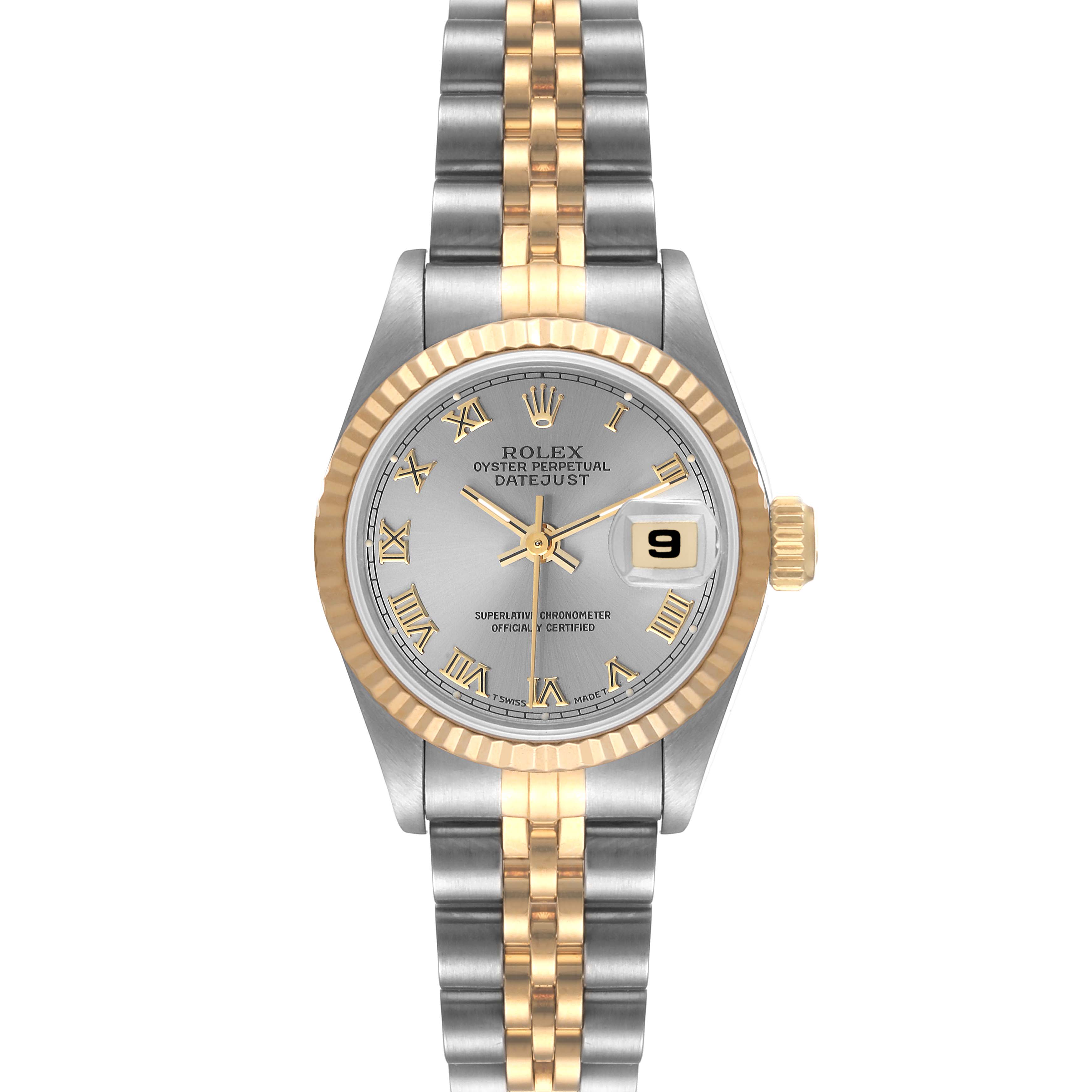 This image shows a Rolex Datejust 69173 Women's Steel and Gold (two tone) Grey Dial 69173 Women's Steel and Gold (two tone) Grey Dial watch straight on, featuring a fluted bezel, two-tone Jubilee bracelet, and a date display.