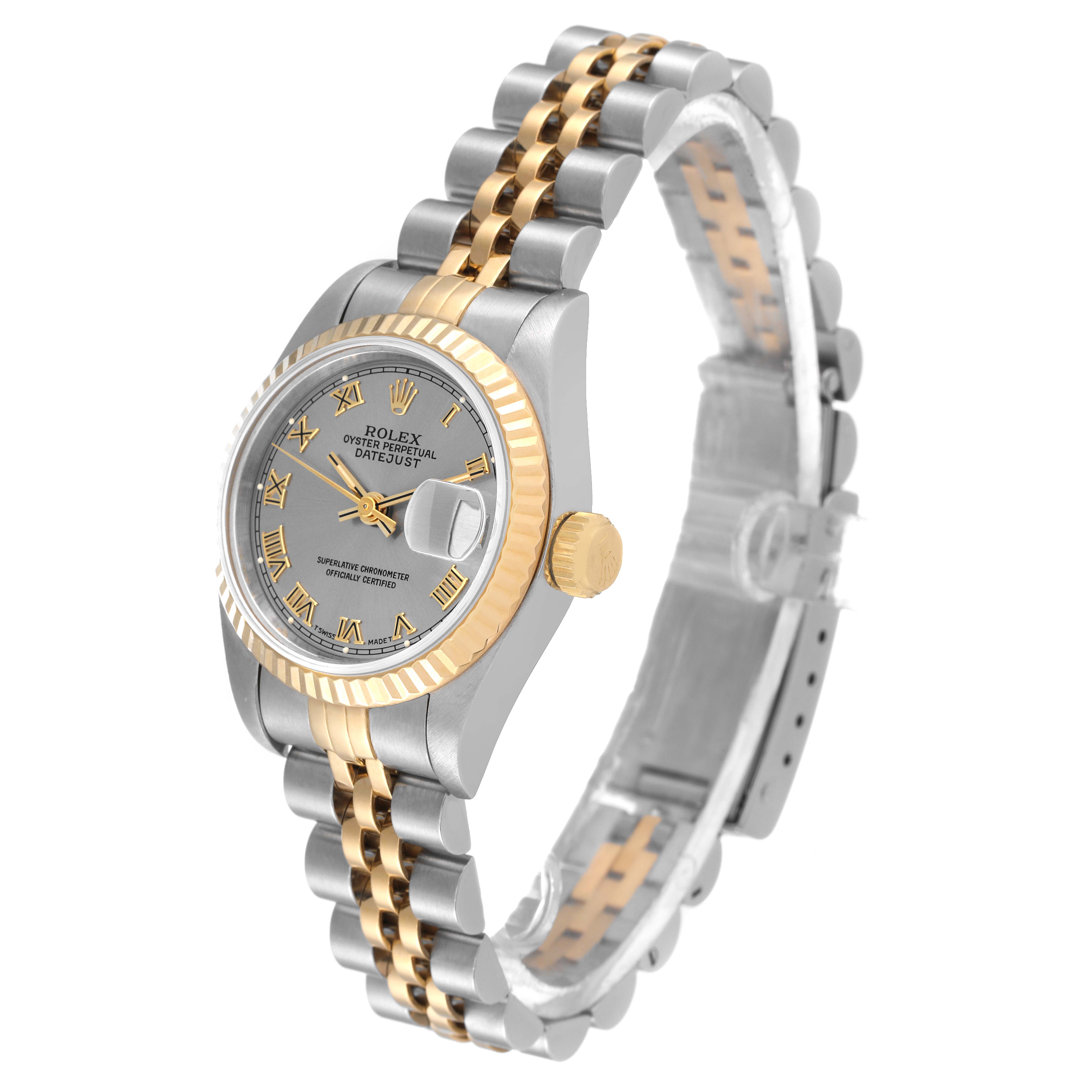 This image shows the Rolex Datejust 69173 Women's Steel and Gold (two tone) Grey Dial 69173 Women's Steel and Gold (two tone) Grey Dial watch at a three-quarter angle, highlighting the face, bezel, crown, and bracelet.