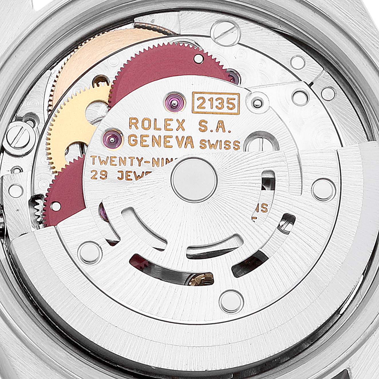 This image shows the internal movement mechanism of a Rolex Datejust 69173 Women's Steel and Gold (two tone) Grey Dial 69173 Women's Steel and Gold (two tone) Grey Dial watch from a close-up view.