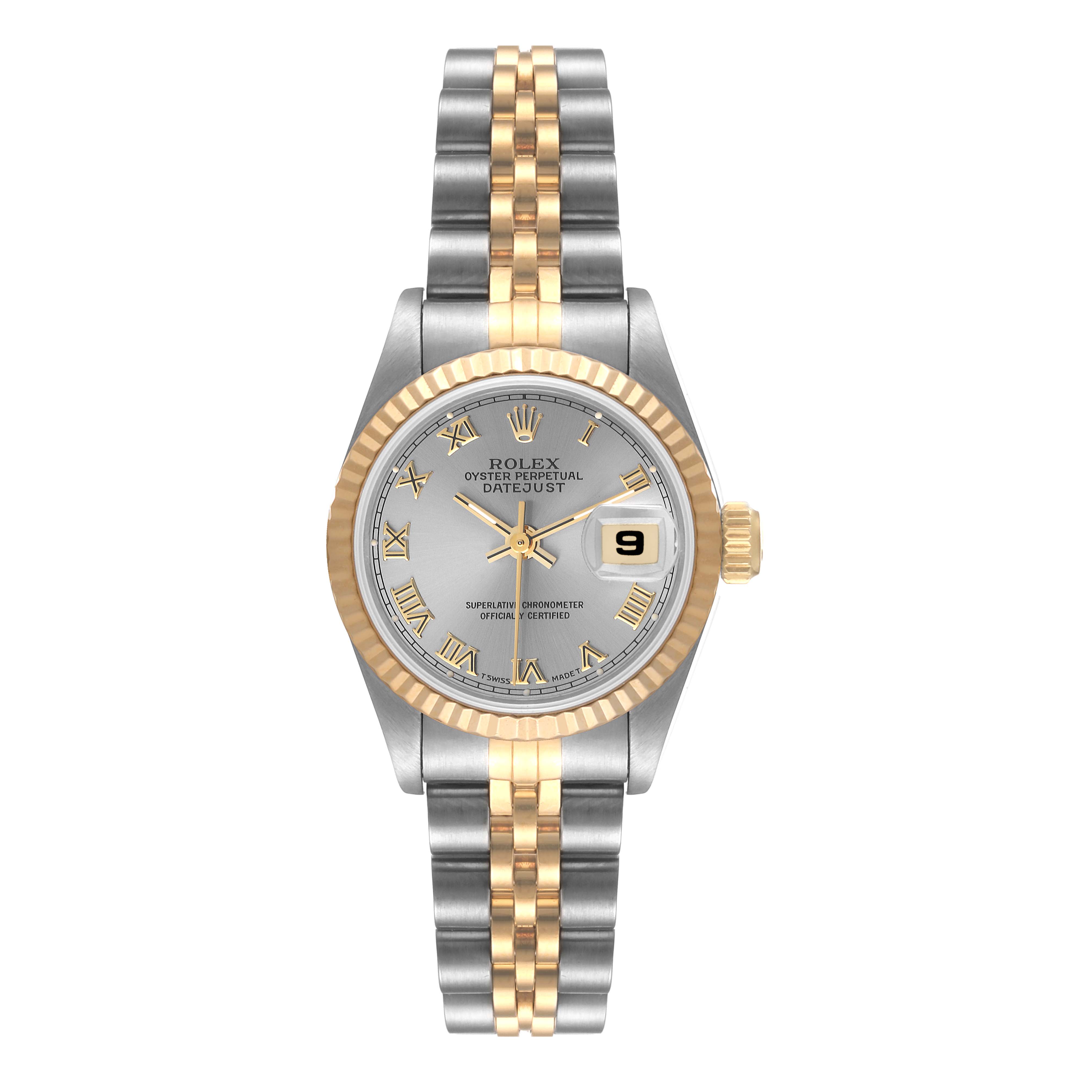 This Rolex Datejust 69173 Women's Steel and Gold (two tone) Grey Dial 69173 Women's Steel and Gold (two tone) Grey Dial model watch is shown from a top-down angle, displaying the face, bezel, and bracelet.