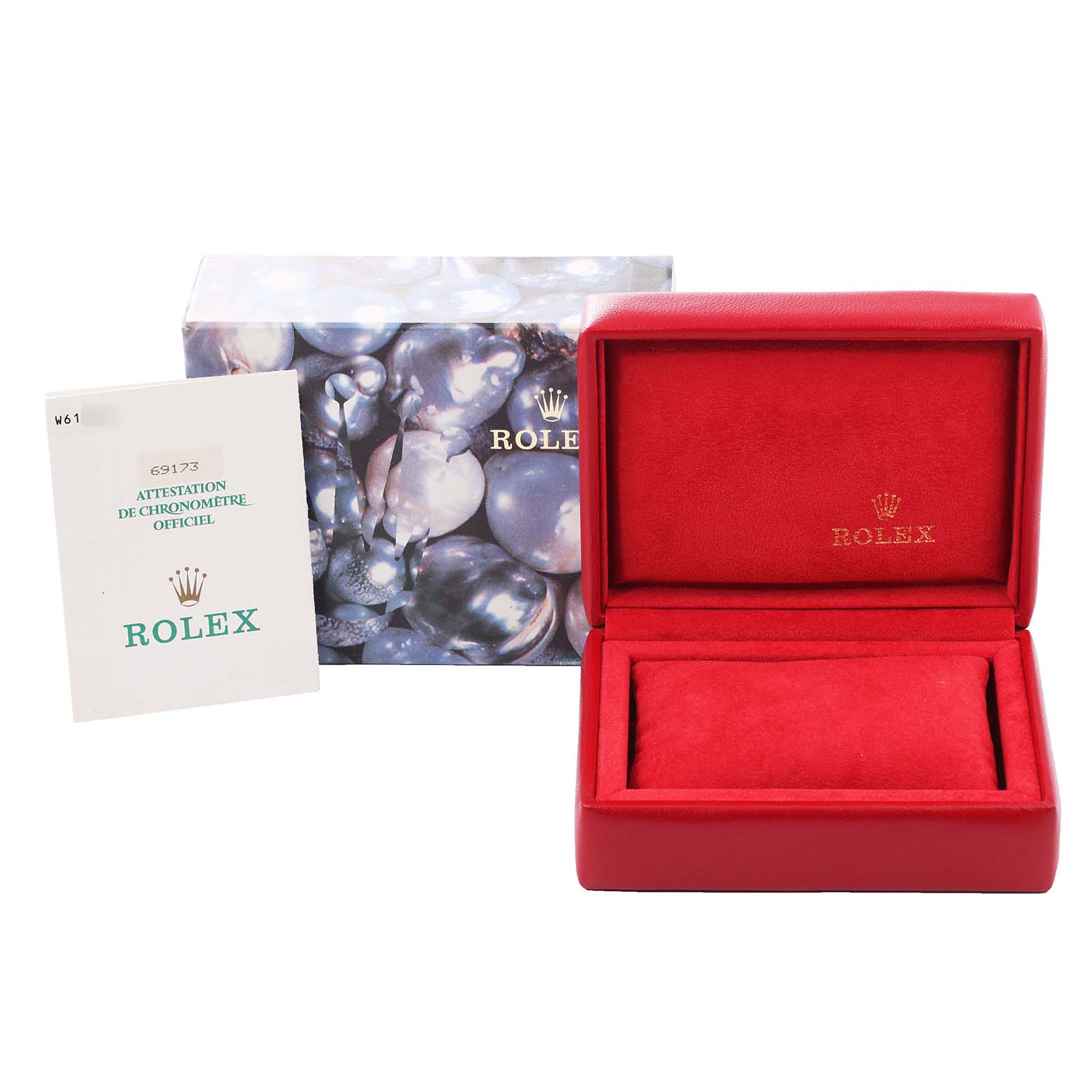 The image shows a Rolex Datejust 69173 Women's Steel and Gold (two tone) Grey Dial 69173 Women's Steel and Gold (two tone) Grey Dial watch box, warranty booklet, and outer packaging from a front angle.