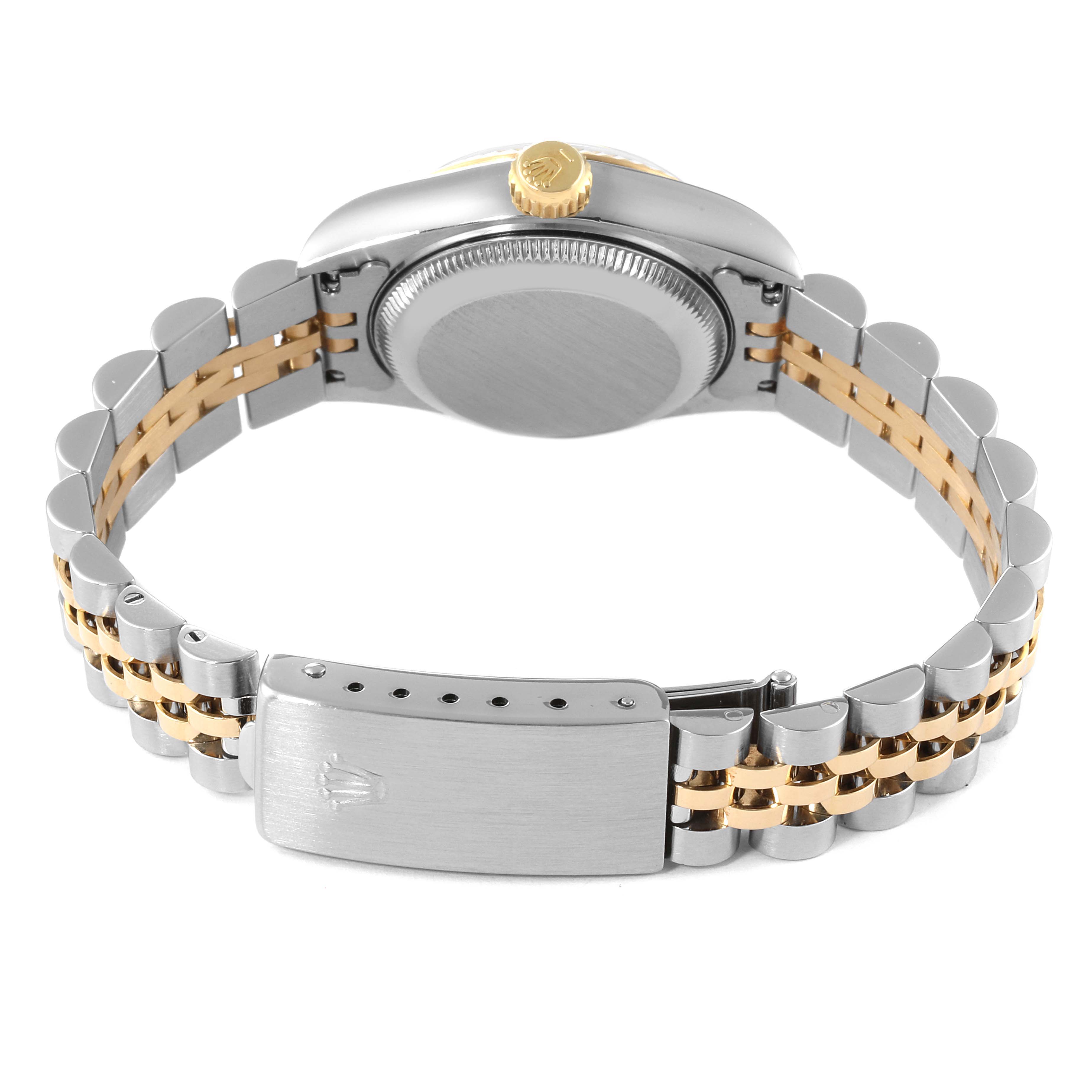 The image shows the back view of a Rolex Datejust 69173 Women's Steel and Gold (two tone) Grey Dial 69173 Women's Steel and Gold (two tone) Grey Dial watch, highlighting its bracelet and clasp.