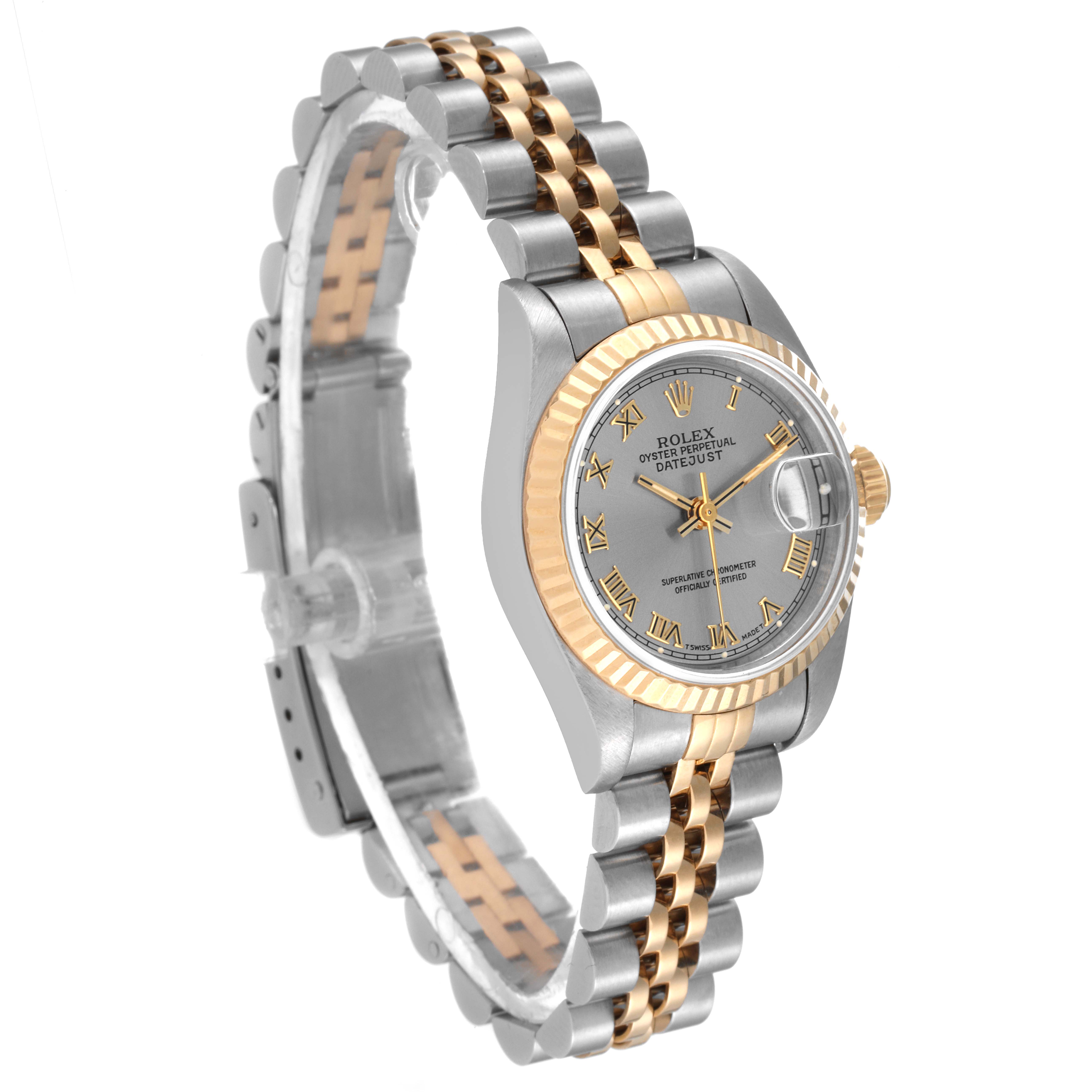 The Rolex Datejust 69173 Women's Steel and Gold (two tone) Grey Dial 69173 Women's Steel and Gold (two tone) Grey Dial watch is shown at a three-quarter angle, displaying the face, bezel, bracelet, and crown.