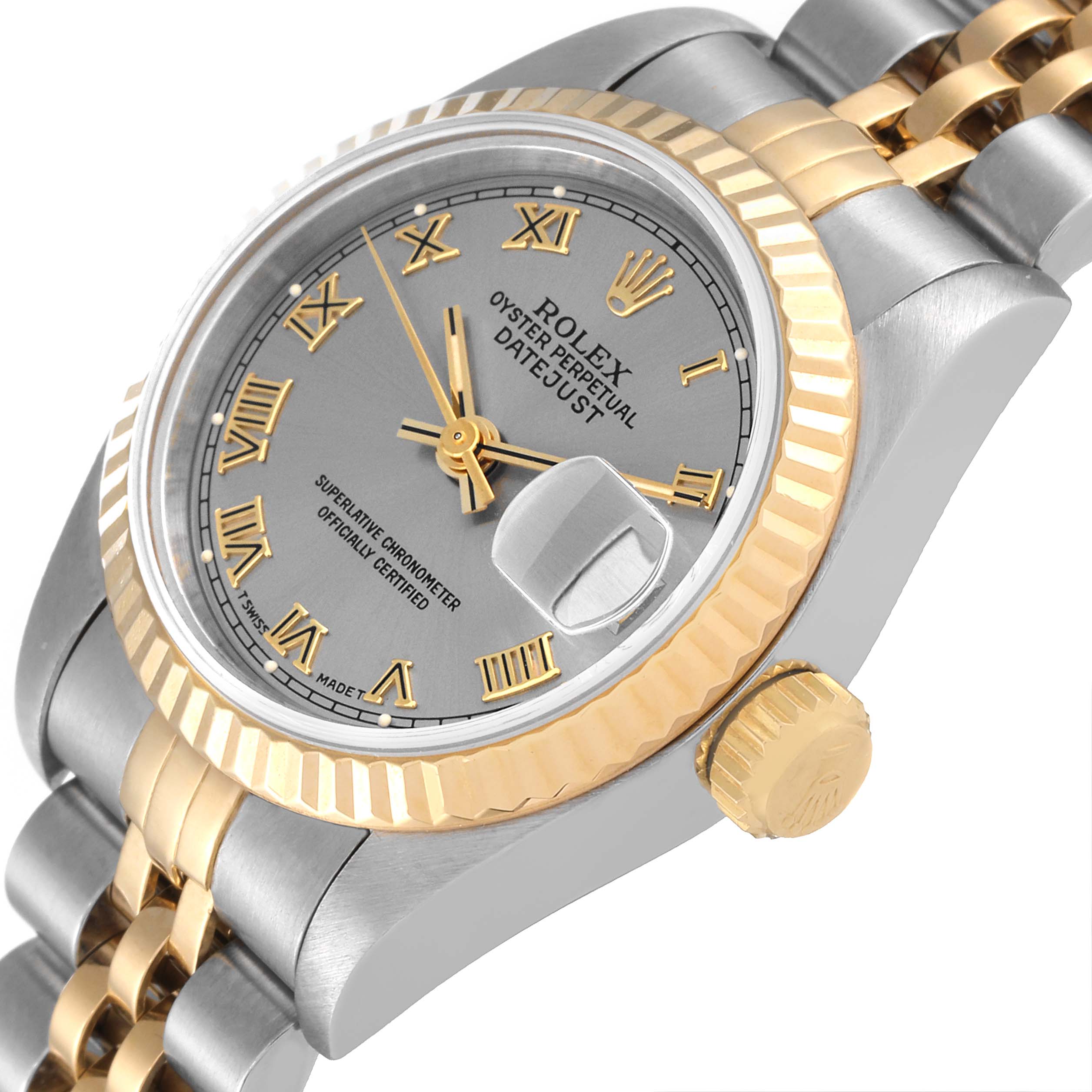 The image shows a Rolex Datejust 69173 Women's Steel and Gold (two tone) Grey Dial 69173 Women's Steel and Gold (two tone) Grey Dial watch at an angled view highlighting the dial, bezel, crown, and part of the bracelet.