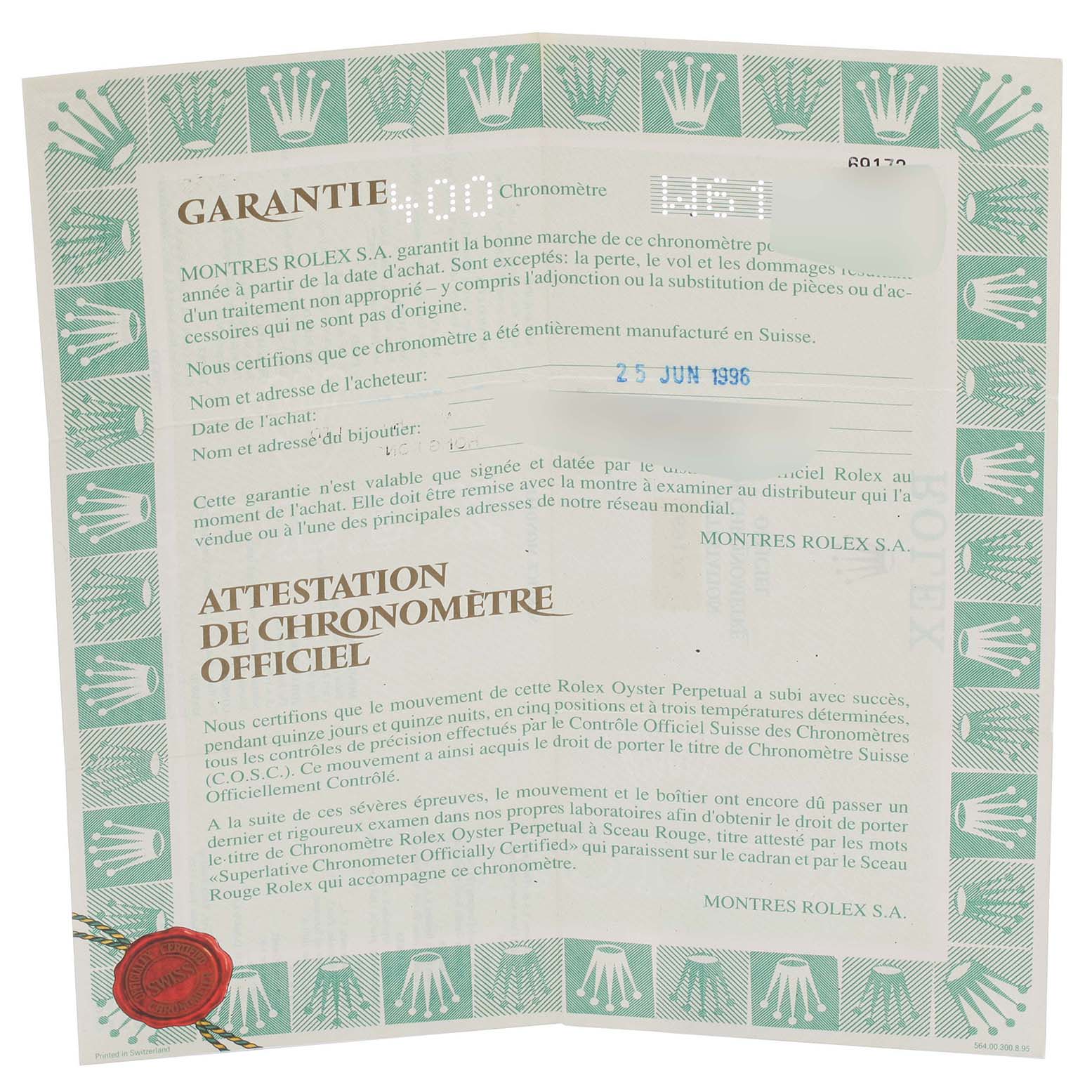 This image shows the certificate and warranty for a Rolex Datejust 69173 Women's Steel and Gold (two tone) Grey Dial 69173 Women's Steel and Gold (two tone) Grey Dial watch, detailing purchase and certification information.