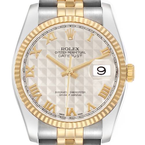 The Rolex Datejust 116233 Men's Steel and Gold (two tone) Beige Dial watch is shown from a front view, highlighting its dial, gold bezel, and bracelet links.