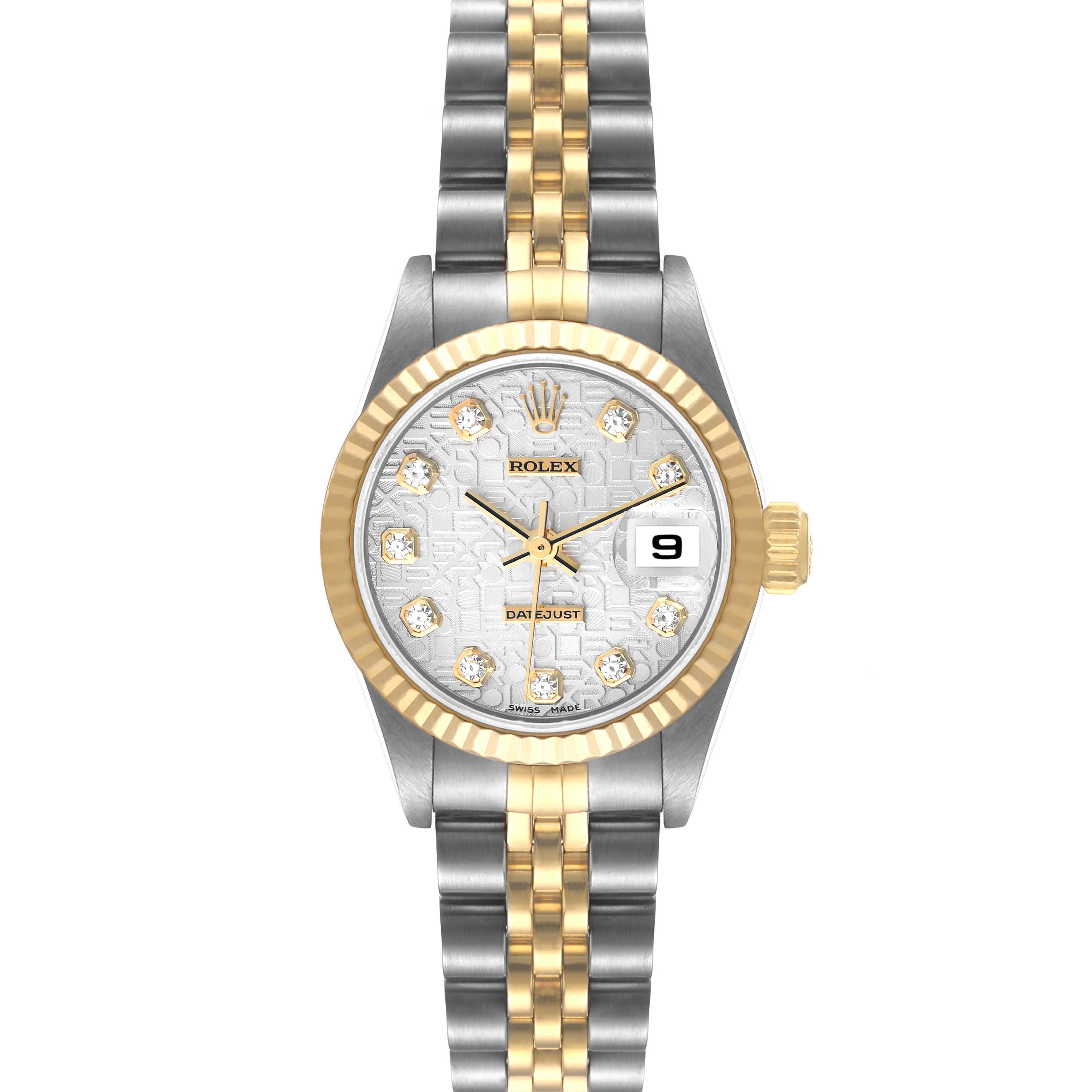 The Rolex Datejust 79173 Women's Steel and Gold (two tone) Silver Dial 79173 Women's Steel and Gold (two tone) Silver Dial watch is shown from a top-down angle, displaying the face, bezel, crown, and bracelet.