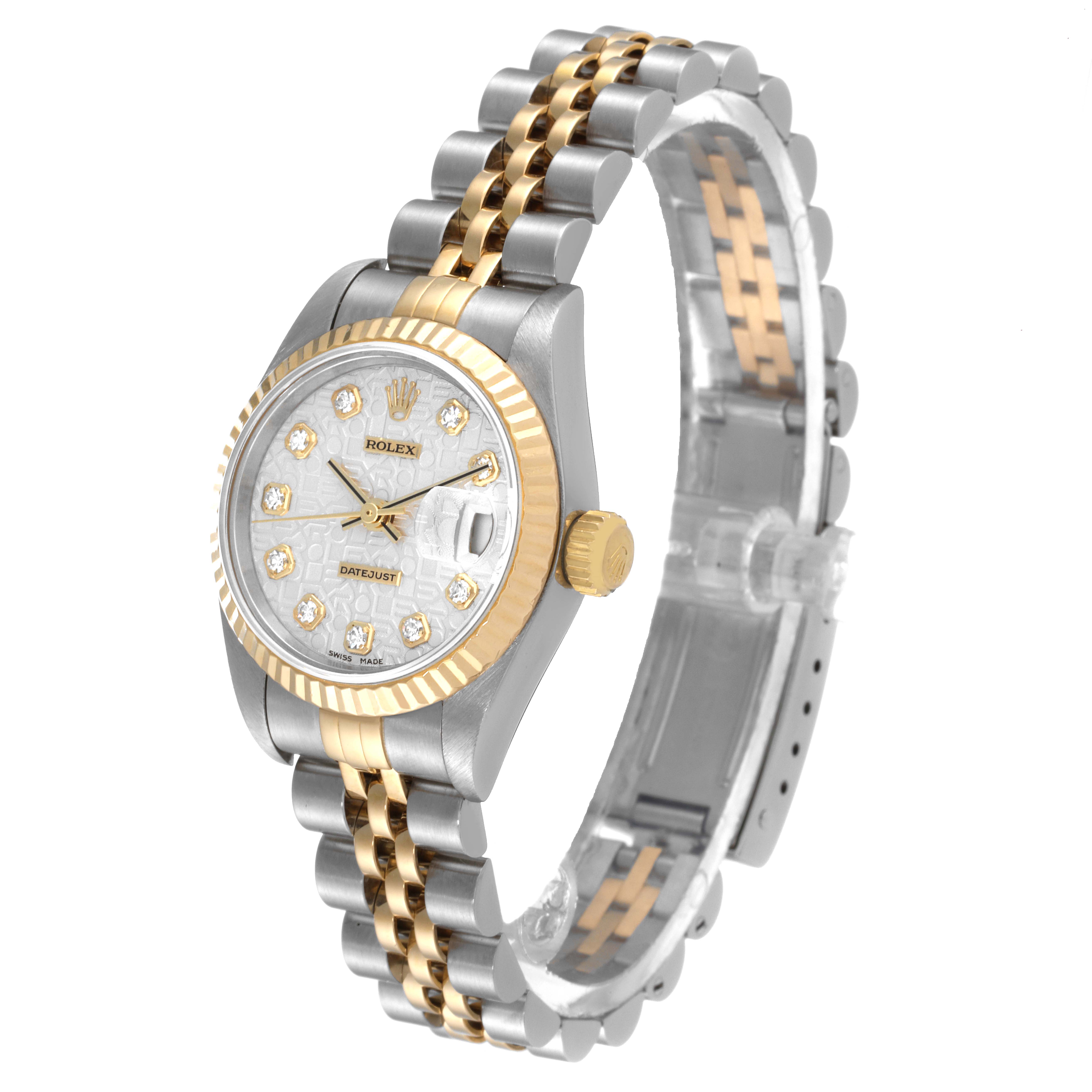 The Rolex Datejust 79173 Women's Steel and Gold (two tone) Silver Dial 79173 Women's Steel and Gold (two tone) Silver Dial watch is shown at a three-quarter angle, highlighting its two-tone bracelet, case, bezel, and diamond hour markers.