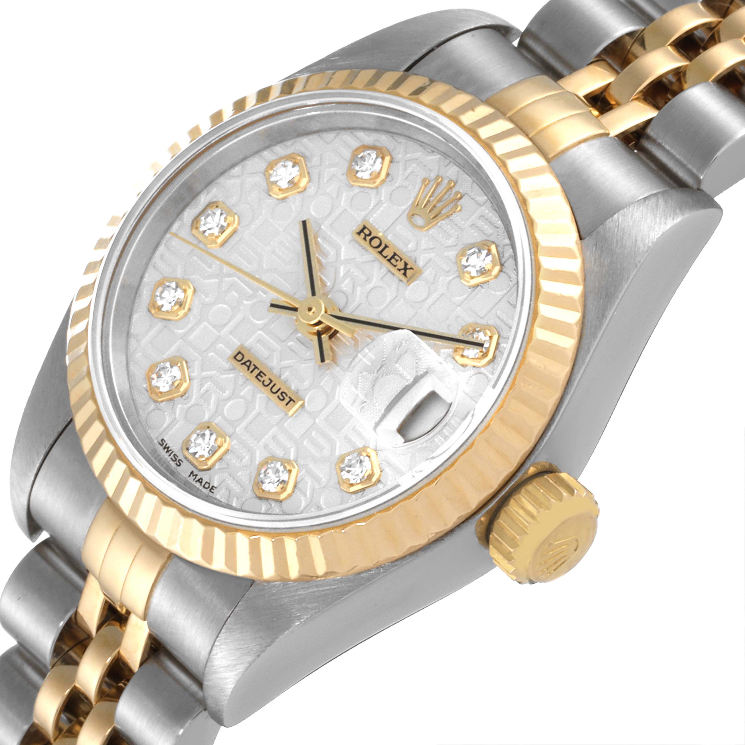 The image shows a close-up of the Rolex Datejust 79173 Women's Steel and Gold (two tone) Silver Dial 79173 Women's Steel and Gold (two tone) Silver Dial watch at an oblique angle, highlighting the bezel, dial, and crown.