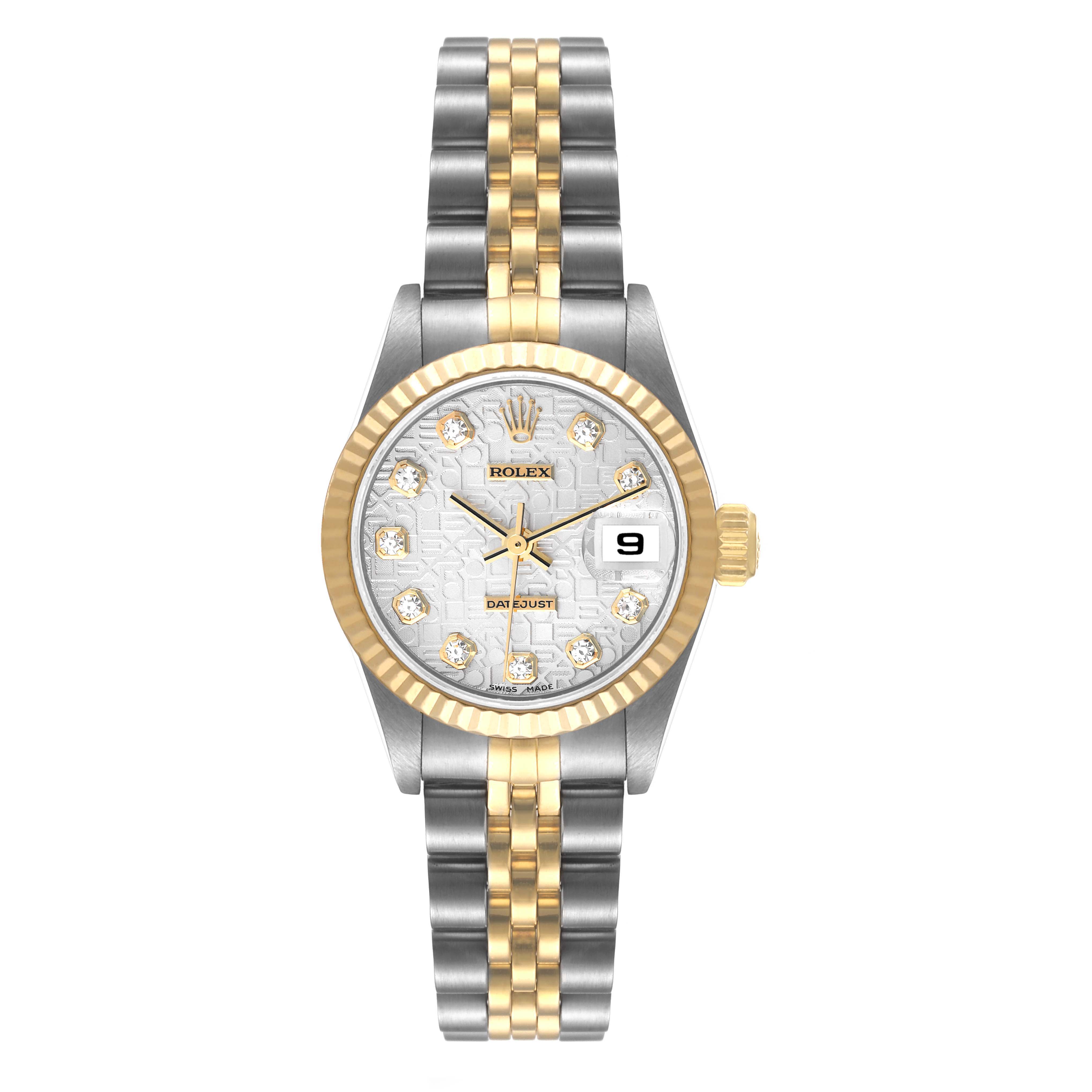 This image shows a front view of a Rolex Datejust 79173 Women's Steel and Gold (two tone) Silver Dial 79173 Women's Steel and Gold (two tone) Silver Dial watch featuring a two-tone bracelet and a diamond-studded dial.