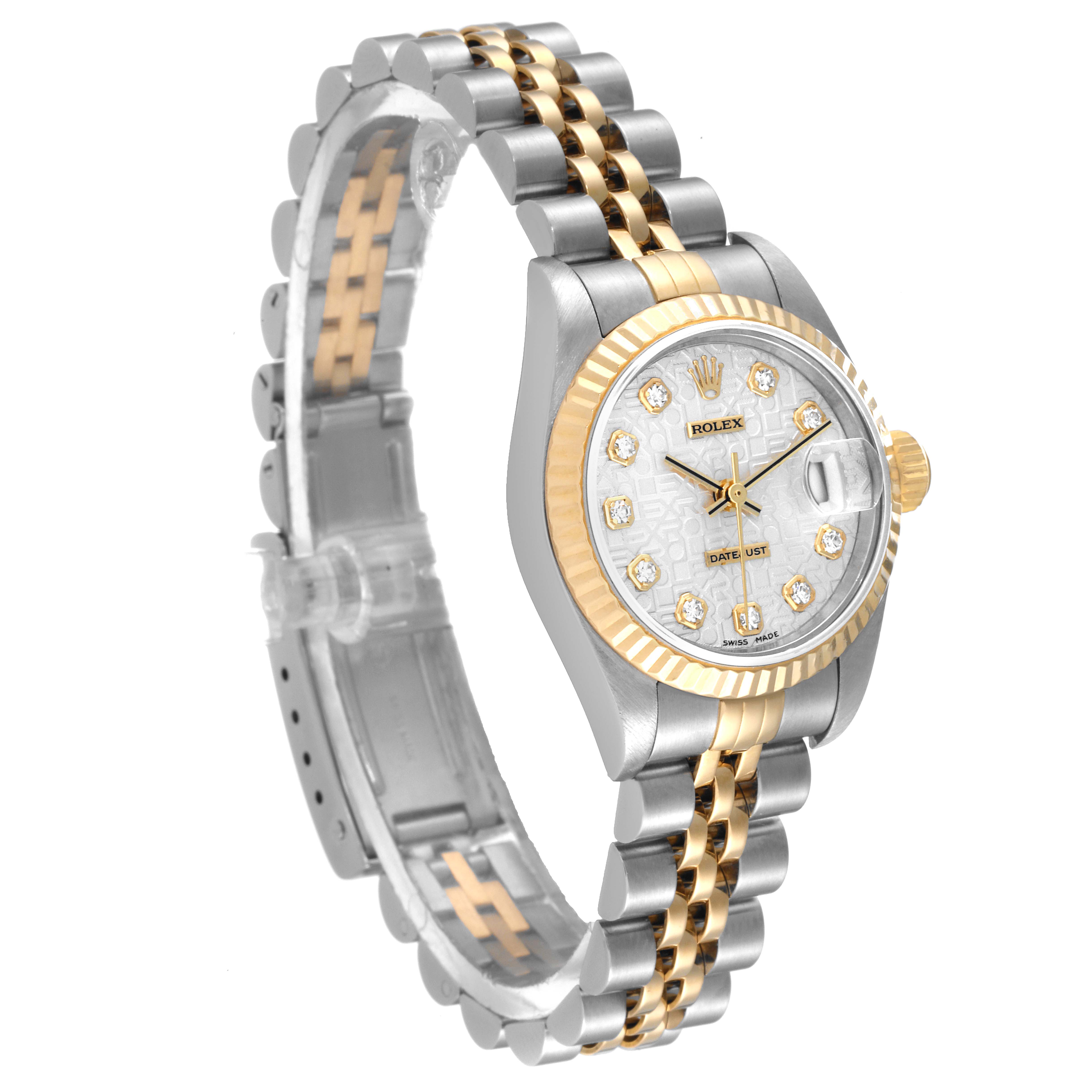 This image shows a side angle of the Rolex Datejust 79173 Women's Steel and Gold (two tone) Silver Dial 79173 Women's Steel and Gold (two tone) Silver Dial watch, highlighting the dial, bezel, and jubilee bracelet.