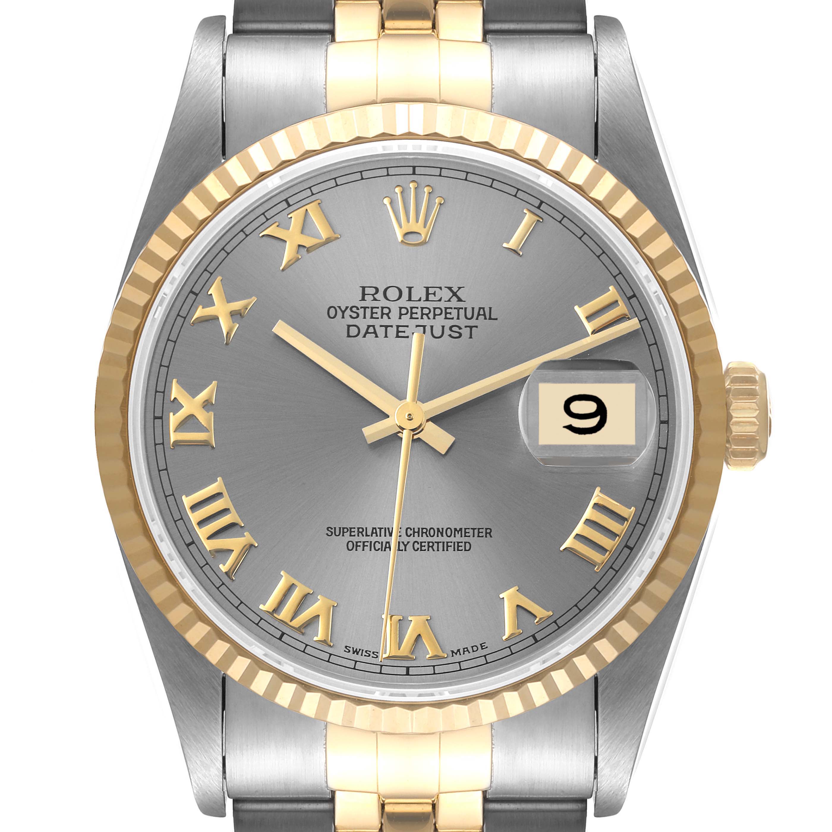 The image shows a front view of the Rolex Datejust 16233 Men's Steel and Gold (two tone) Silver Dial 16233 Men's Steel and Gold (two tone) Silver Dial watch, highlighting its dial, bezel, hands, and part of the bracelet.