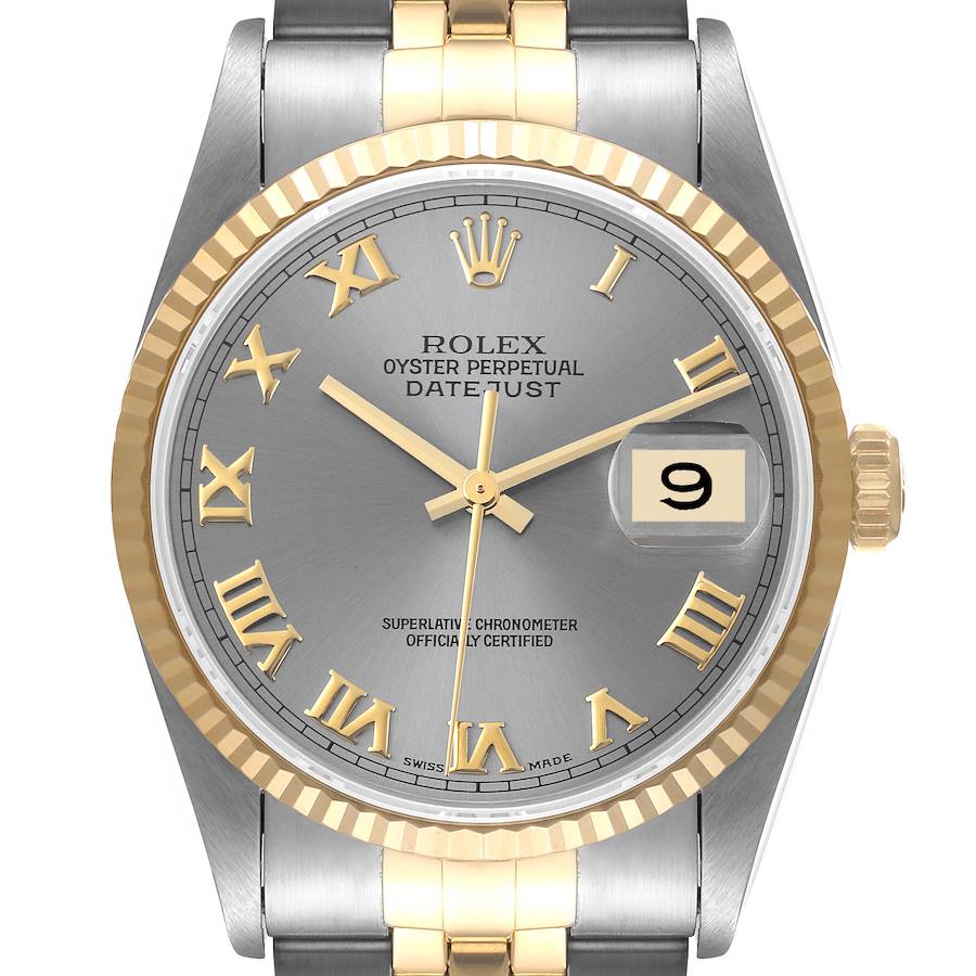 Rolex Datejust Steel Yellow Gold Silver Roman Dial Mens Watch 16233 SwissWatchExpo