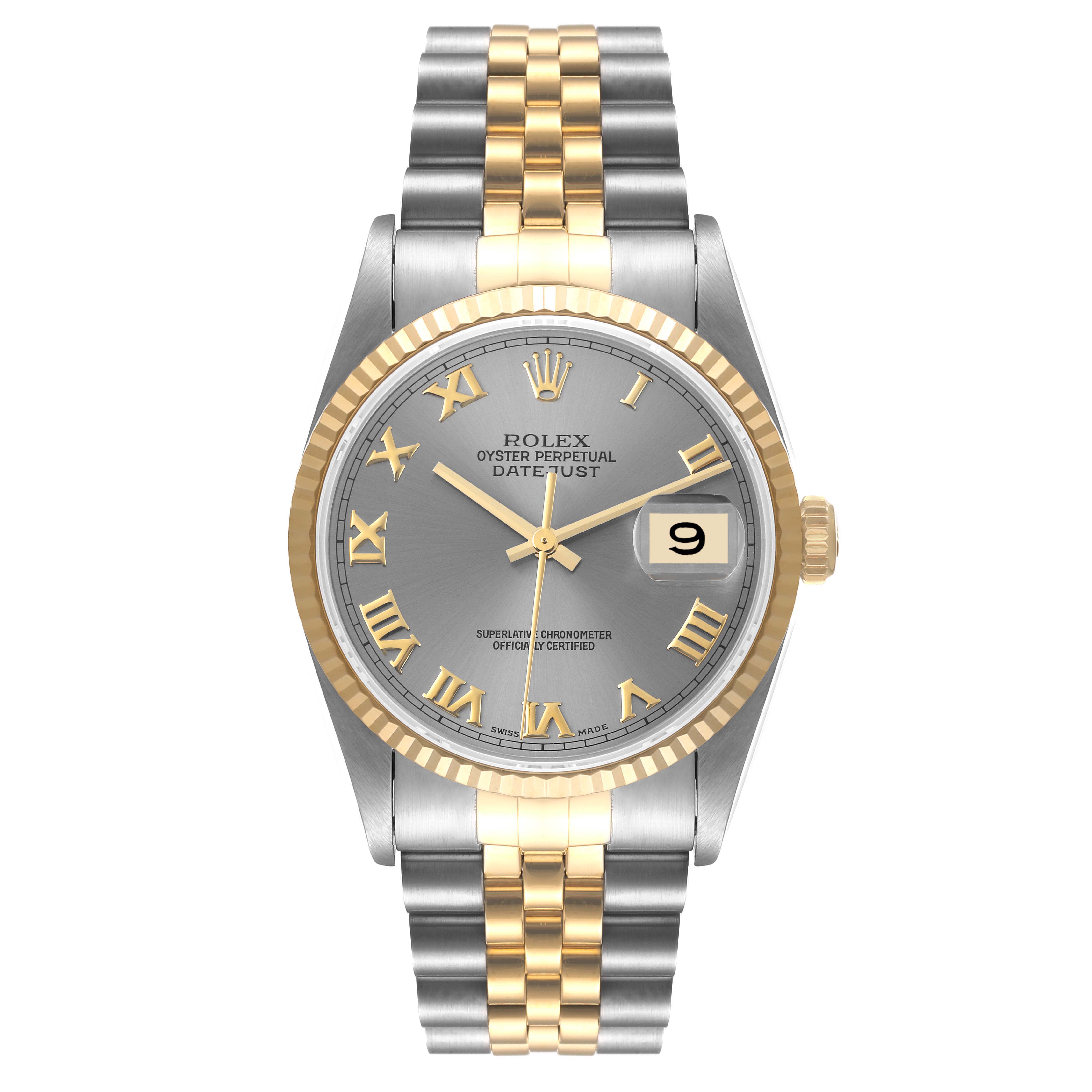 This Rolex Datejust 16233 Men's Steel and Gold (two tone) Silver Dial 16233 Men's Steel and Gold (two tone) Silver Dial watch photo shows a front view, highlighting the two-tone bracelet, gold fluted bezel, and grey dial with Roman numerals.
