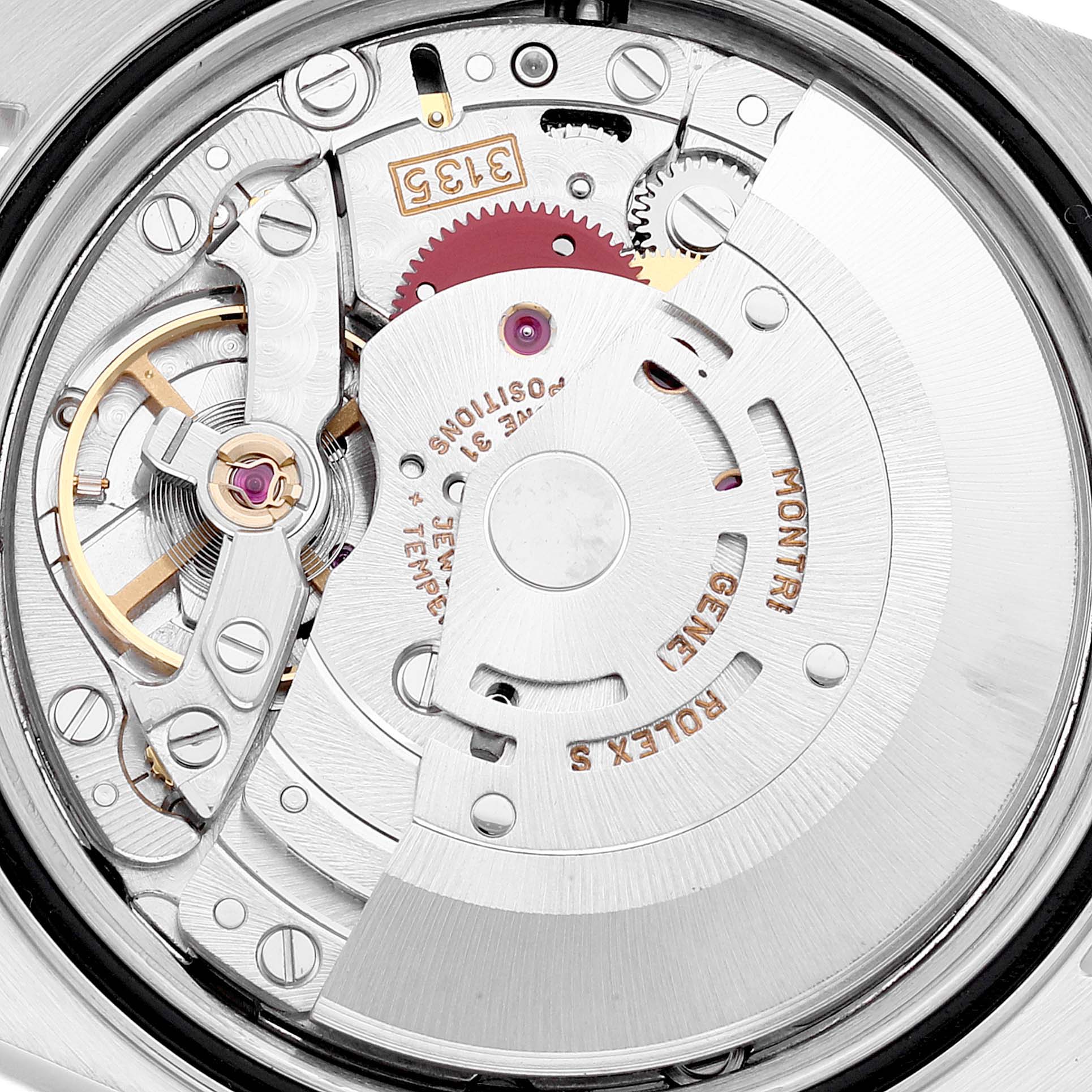 The image shows the internal mechanical movement of a Rolex Datejust 16233 Men's Steel and Gold (two tone) Silver Dial 16233 Men's Steel and Gold (two tone) Silver Dial watch, viewed from the back.