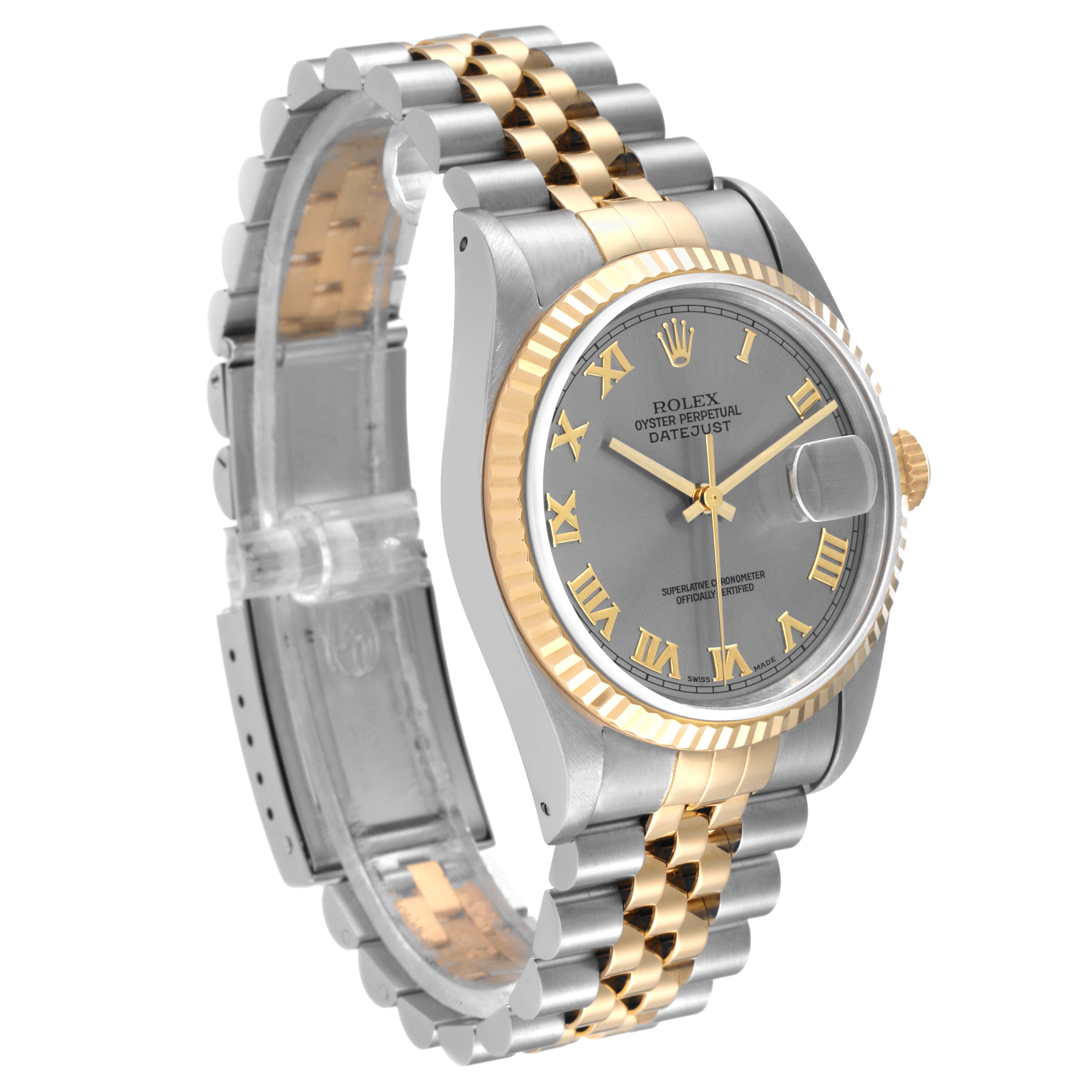 The image shows a side angle of a Rolex Datejust 16233 Men's Steel and Gold (two tone) Silver Dial 16233 Men's Steel and Gold (two tone) Silver Dial watch displaying its face, two-tone bracelet, and fluted bezel.