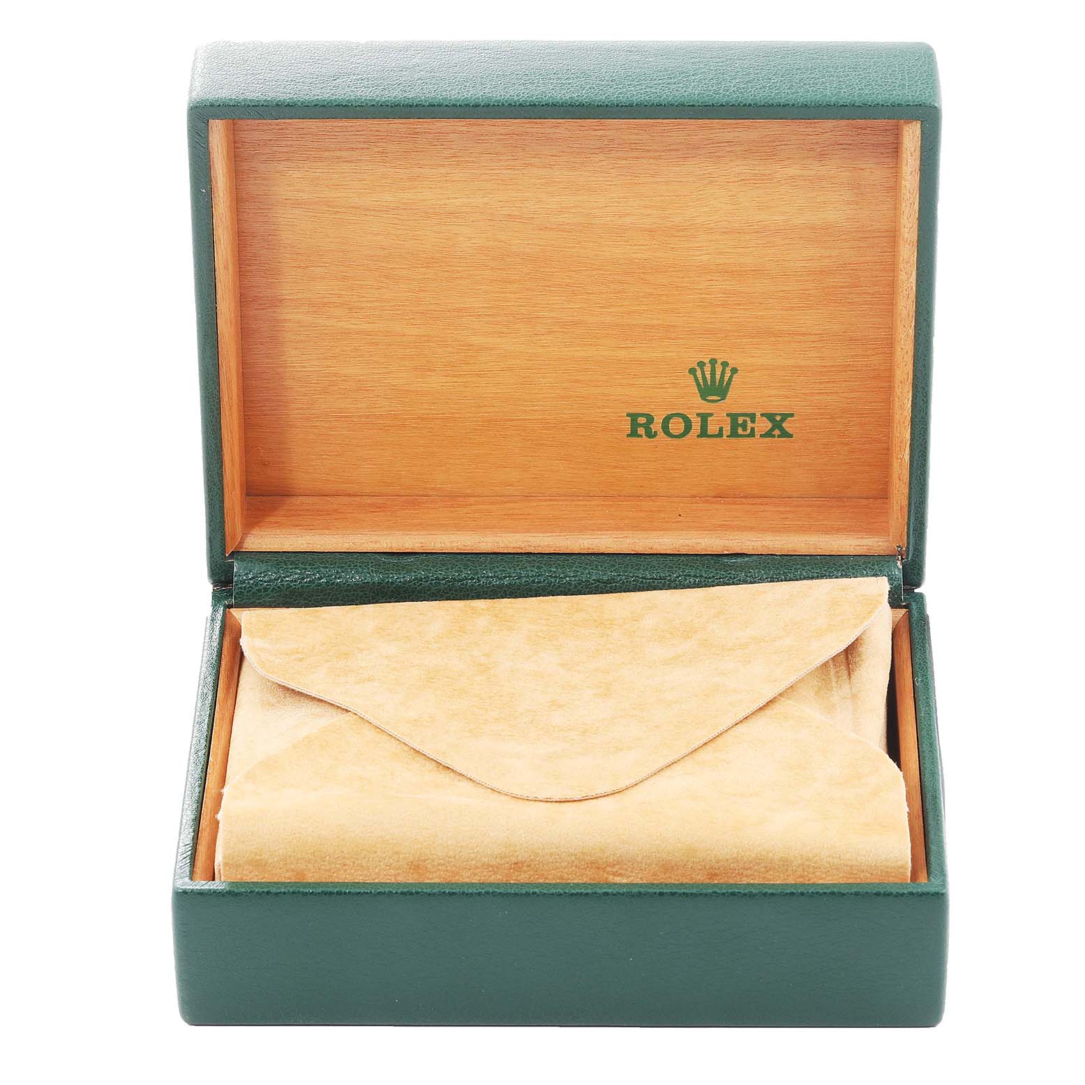 The image shows an open Rolex watch box for the Datejust model, showcasing the interior with a padded envelope.