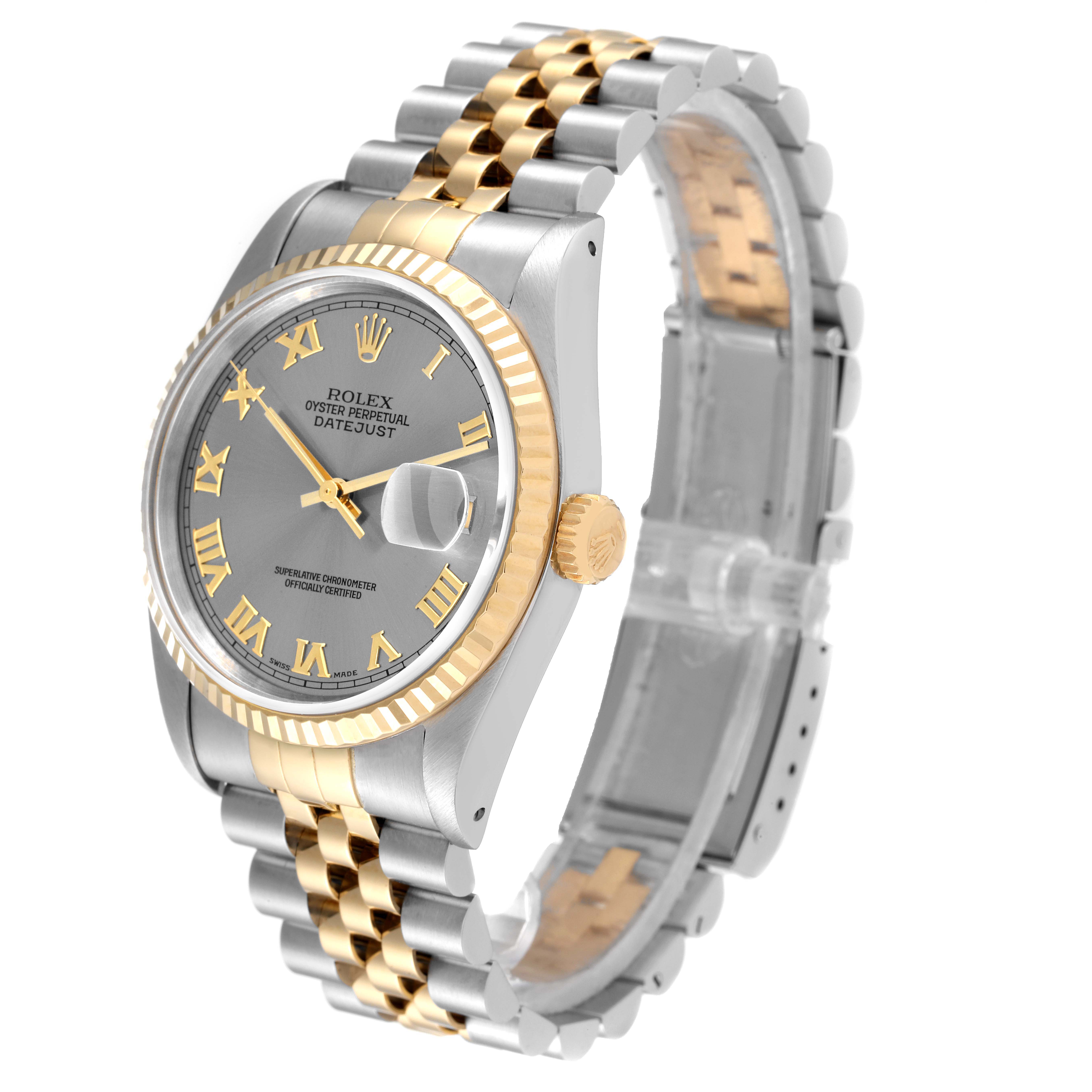 This Rolex Datejust 16233 Men's Steel and Gold (two tone) Silver Dial 16233 Men's Steel and Gold (two tone) Silver Dial watch is shown at an angled front view, highlighting the dial, bezel, crown, and two-tone bracelet.