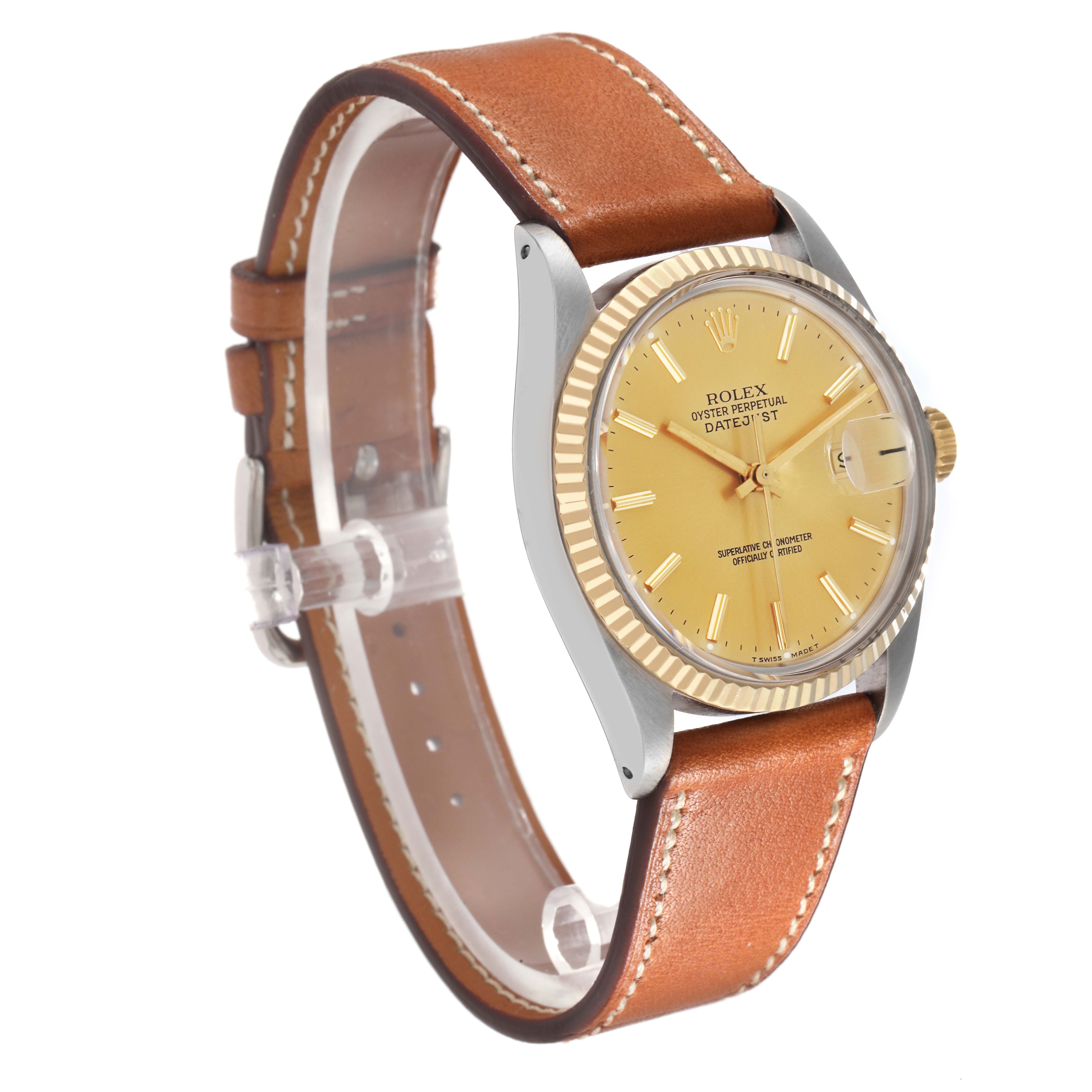 The Rolex Vintage Collection model 16013 is shown at a three-quarter angle, displaying its face, gold fluted bezel, and brown leather strap.