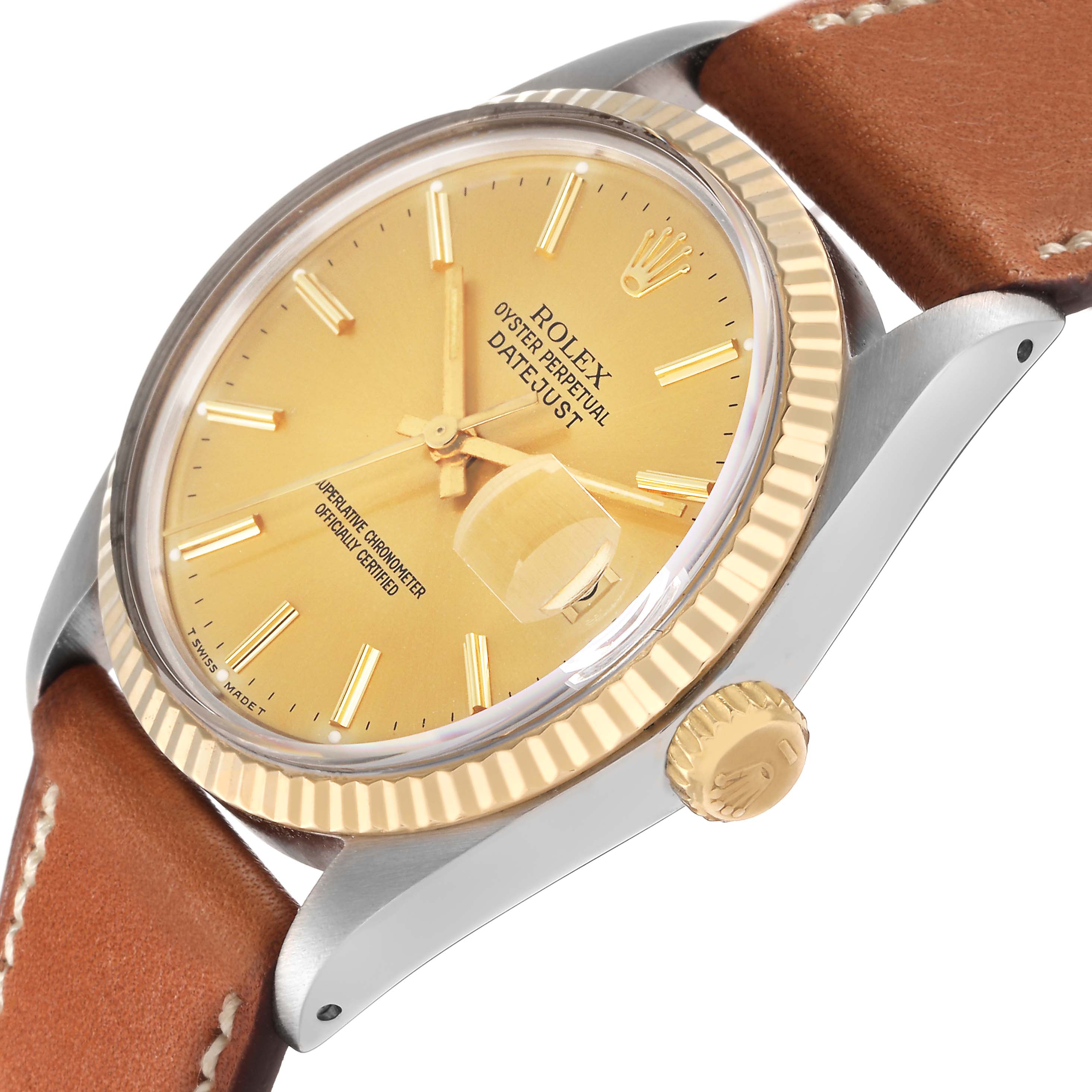 The Rolex Vintage Collection model 16013 men's watch is shown at an angled side view, highlighting the gold bezel, crown, and brown leather strap.