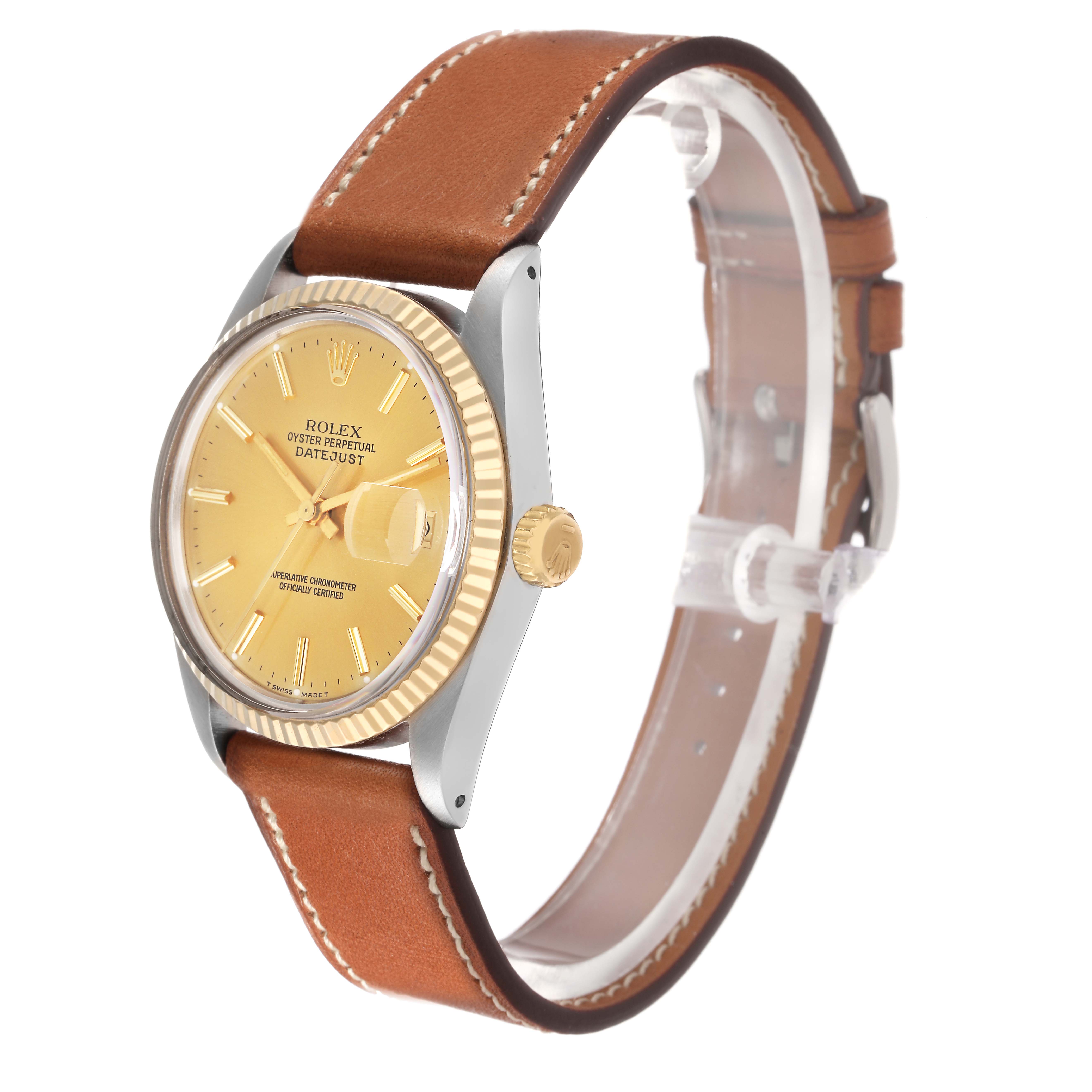 The Rolex Vintage Collection model 16013 men's watch is shown at a three-quarter angle, highlighting the gold dial, bezel, and brown strap.