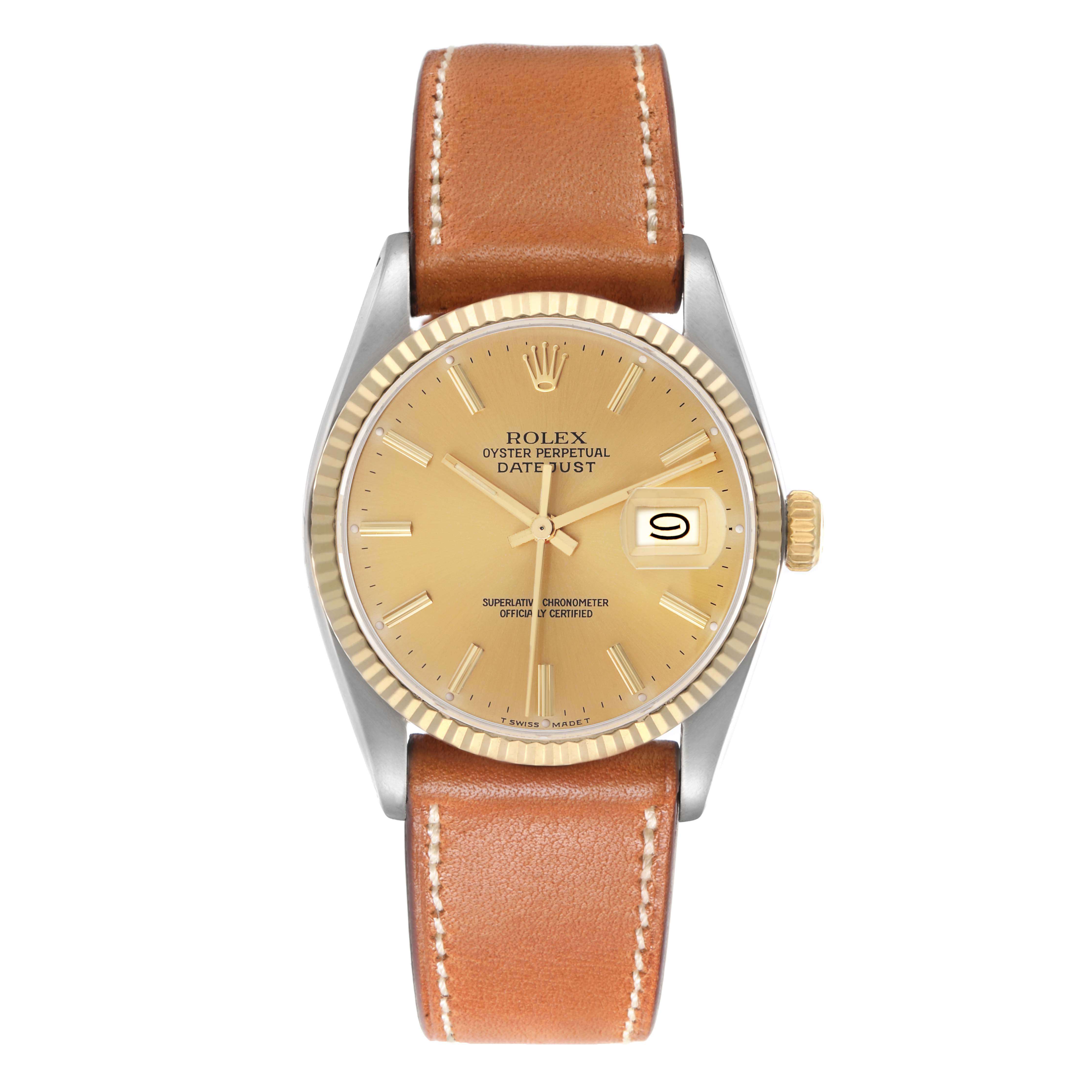 The Rolex Vintage Collection model 16013 watch is shown from a front angle, displaying the dial, bezel, and leather strap clearly.