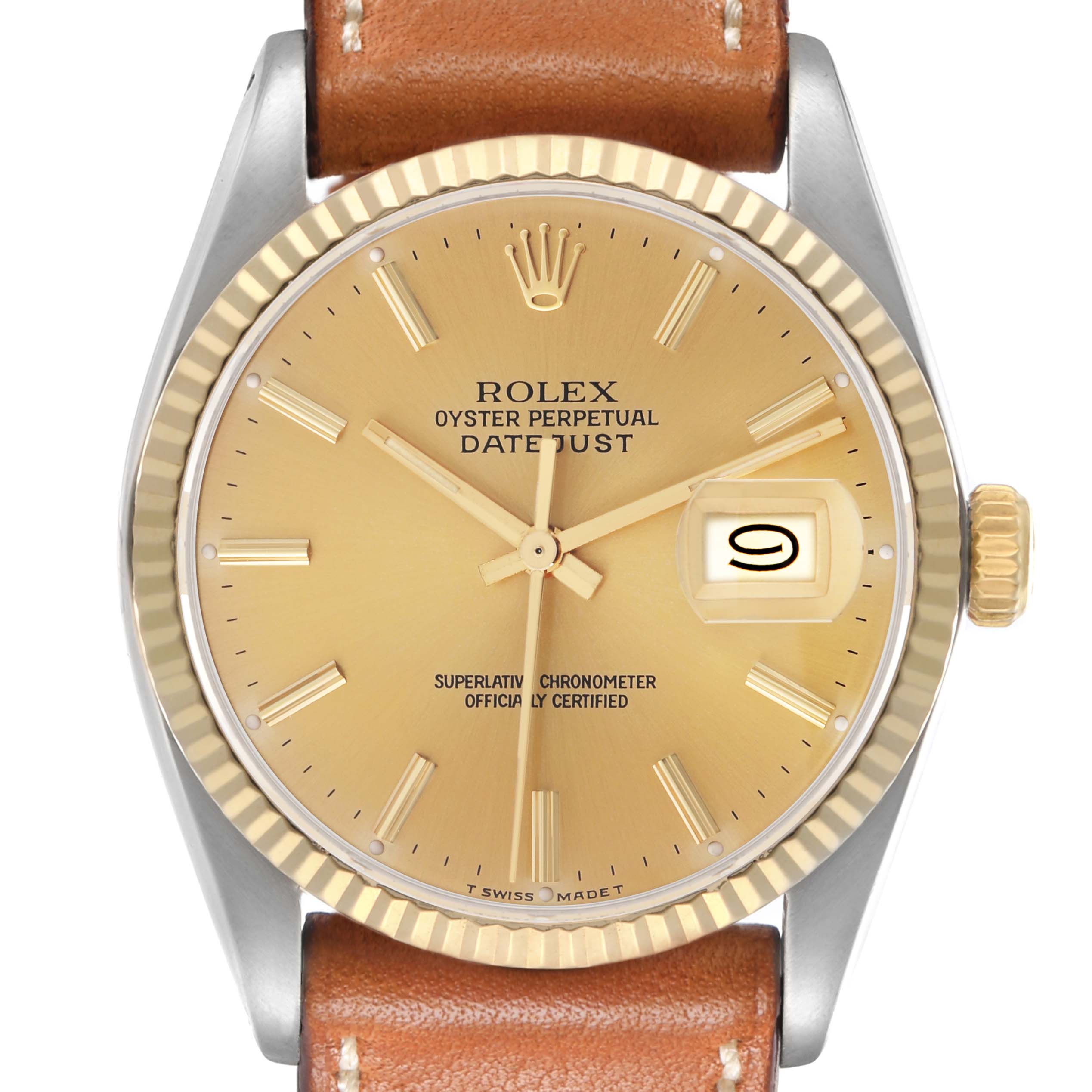 The image shows a Rolex Datejust Vintage Collection men's watch, model 16013, from a front angle, highlighting its gold dial, fluted bezel, and brown leather strap.
