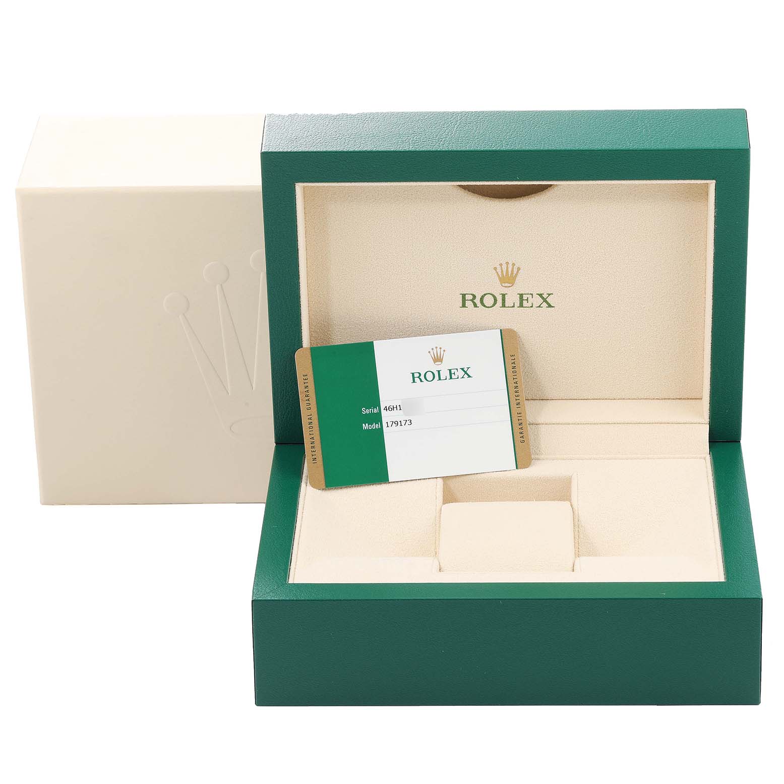 The image shows an open Rolex Datejust 179173 Women's Steel and Gold (two tone) White Dial 179173 Women's Steel and Gold (two tone) White Dial watch box with an authentication card displaying a serial and model number.