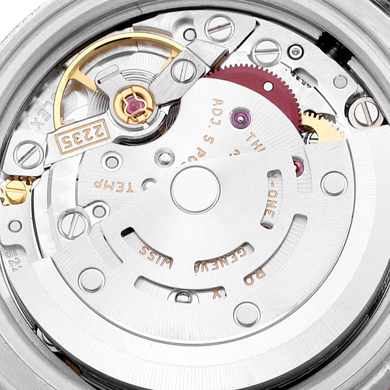 This image shows a close-up view of the movement mechanism inside a Rolex Datejust 179173 Women's Steel and Gold (two tone) White Dial 179173 Women's Steel and Gold (two tone) White Dial watch.
