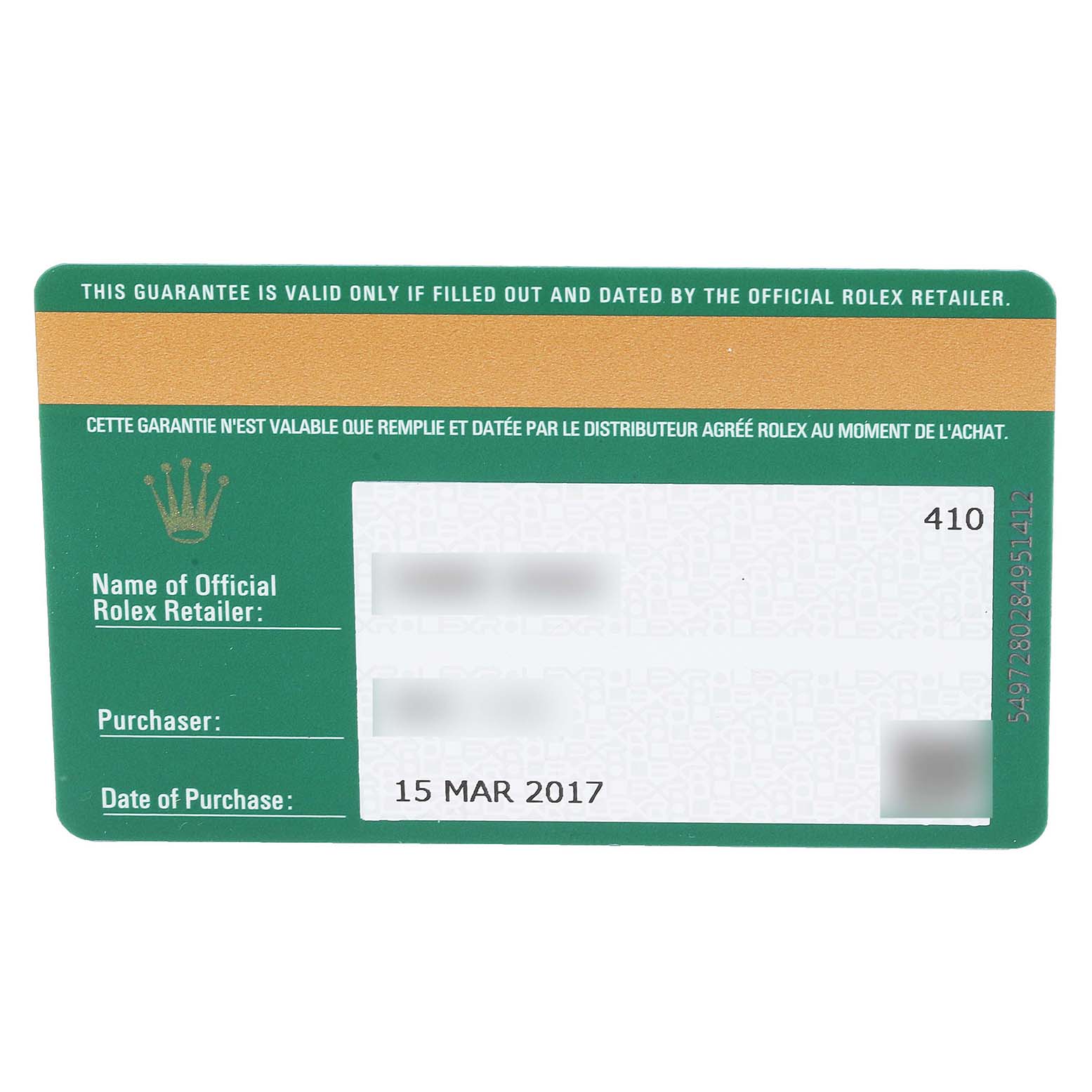 This image shows the official guarantee card for the Rolex Datejust 179173 Women's Steel and Gold (two tone) White Dial 179173 Women's Steel and Gold (two tone) White Dial model, including retailer and purchase details.