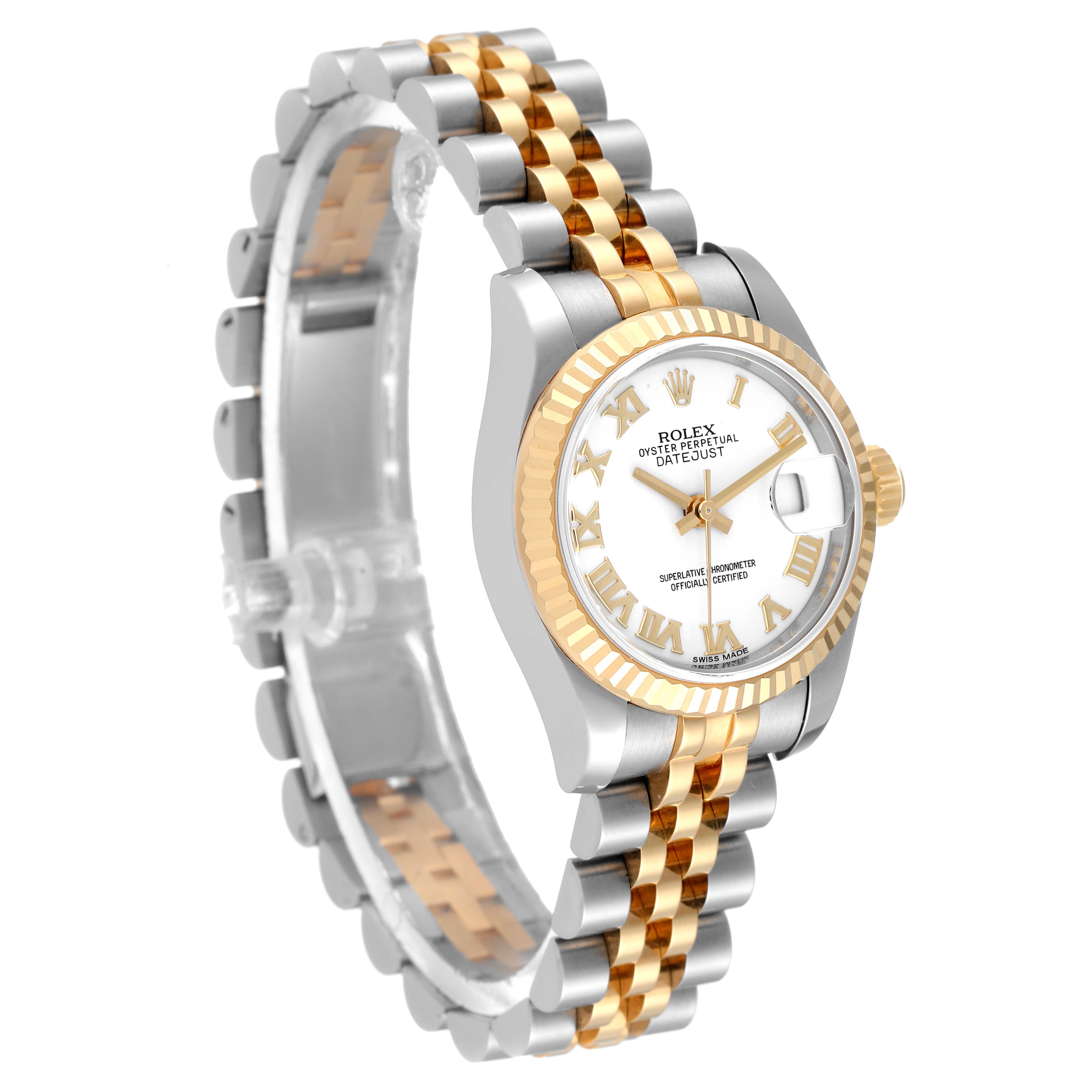 The Rolex Datejust 179173 Women's Steel and Gold (two tone) White Dial 179173 Women's Steel and Gold (two tone) White Dial watch is shown at an angled side view, highlighting its bracelet, bezel, and face.