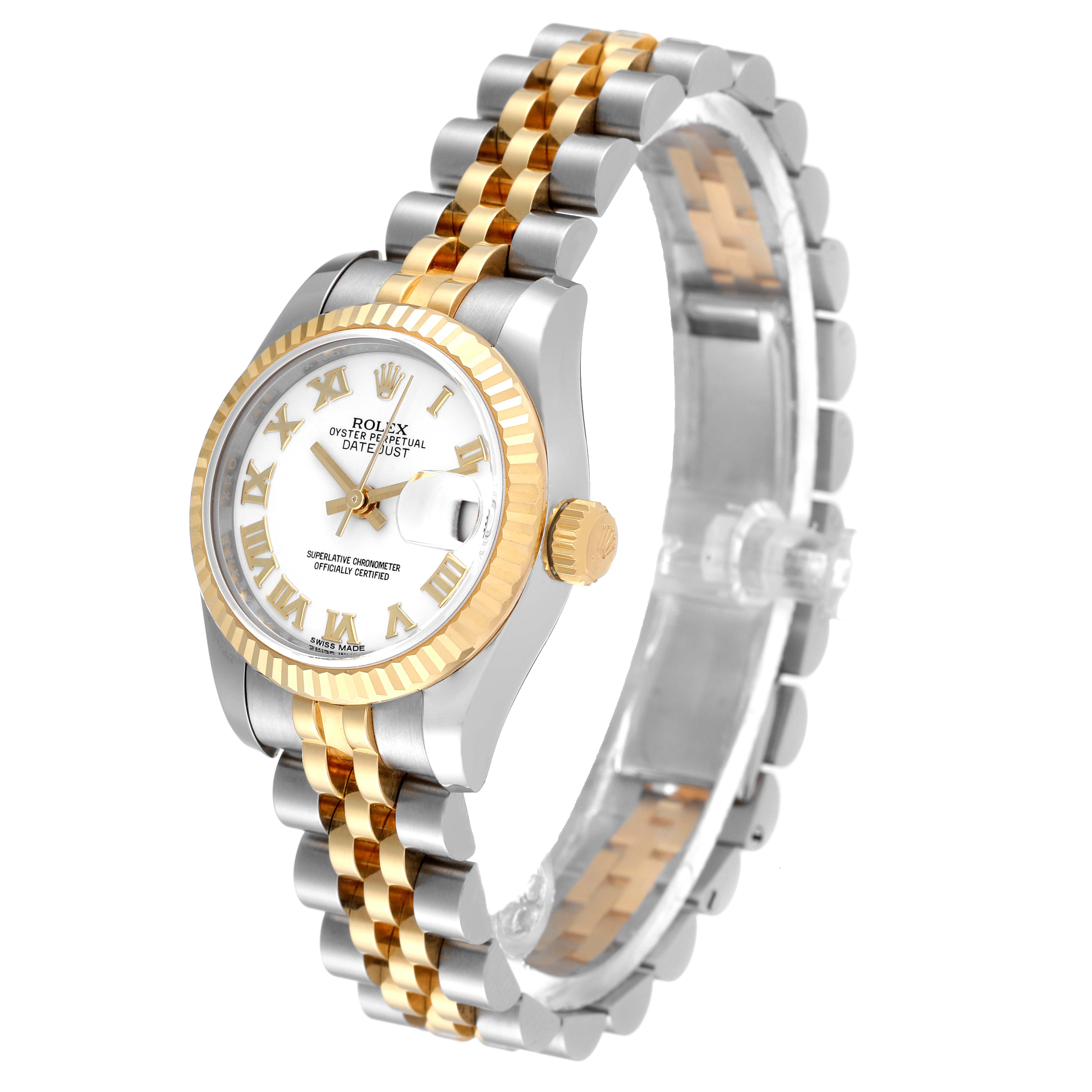 This Rolex Datejust 179173 Women's Steel and Gold (two tone) White Dial 179173 Women's Steel and Gold (two tone) White Dial watch is shown from an angled side view, highlighting the two-tone bracelet, bezel, and dial details.