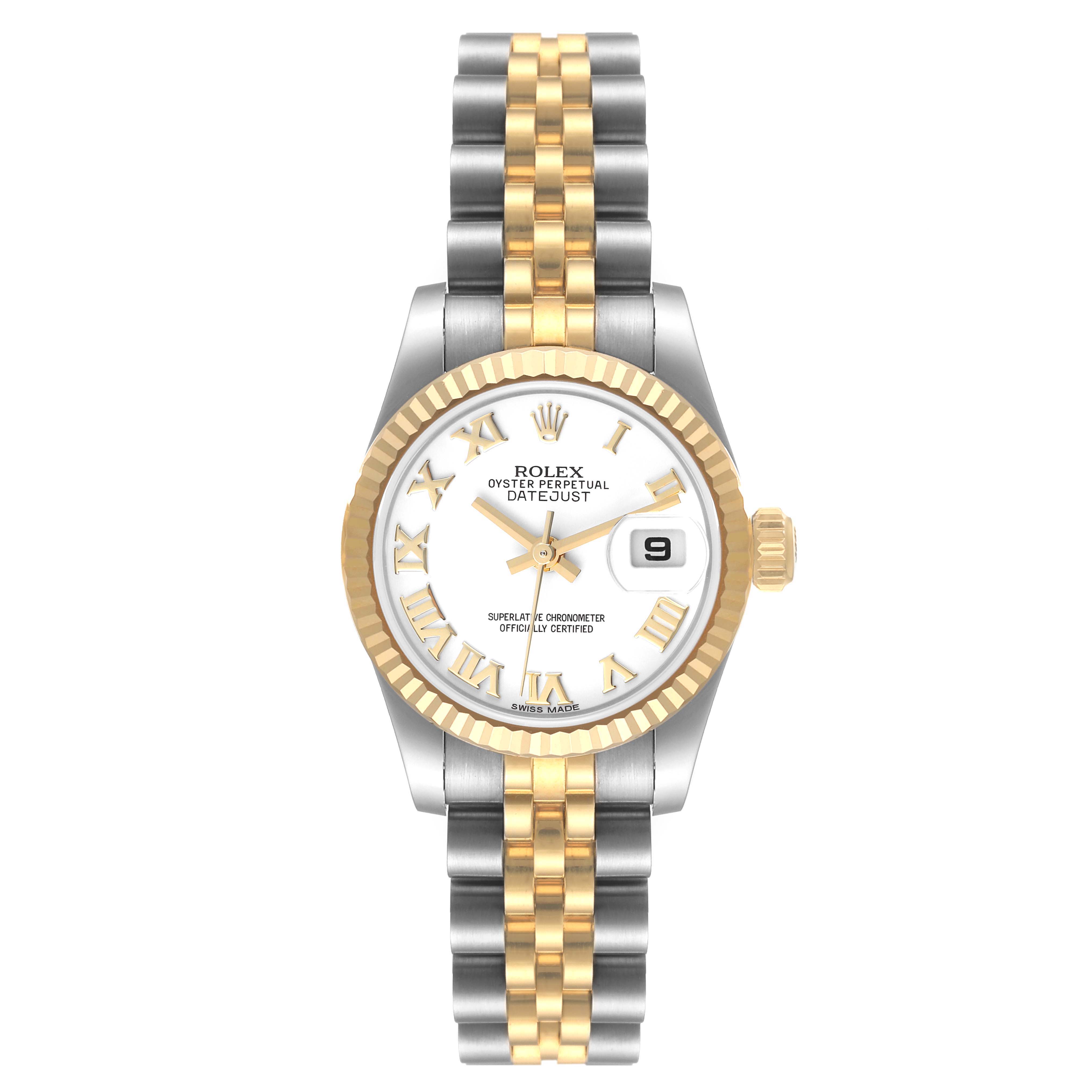 The image shows a front view of a Rolex Datejust 179173 Women's Steel and Gold (two tone) White Dial 179173 Women's Steel and Gold (two tone) White Dial watch, highlighting its dial, bezel, and two-tone bracelet.