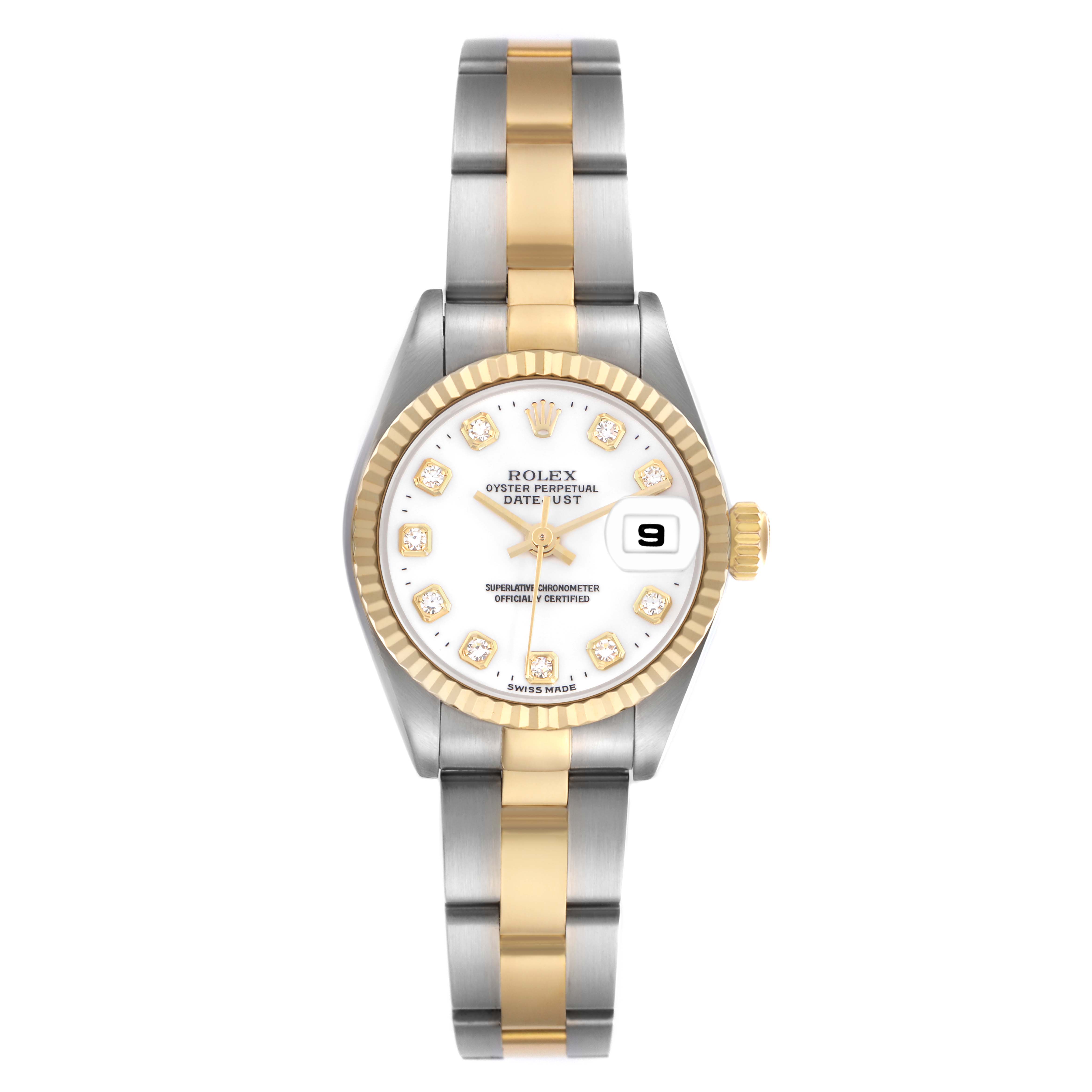 The Rolex Datejust model 79173 is shown from a top-down angle displaying the full watch face, bracelet, and the date window clearly.