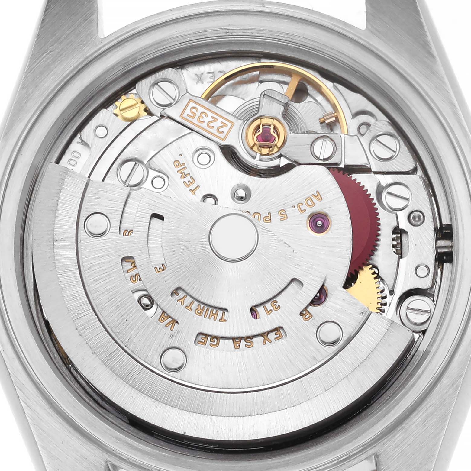 The image shows the movement mechanism of a Rolex Datejust model 79173 men's watch, viewed from the back, highlighting its inner components.
