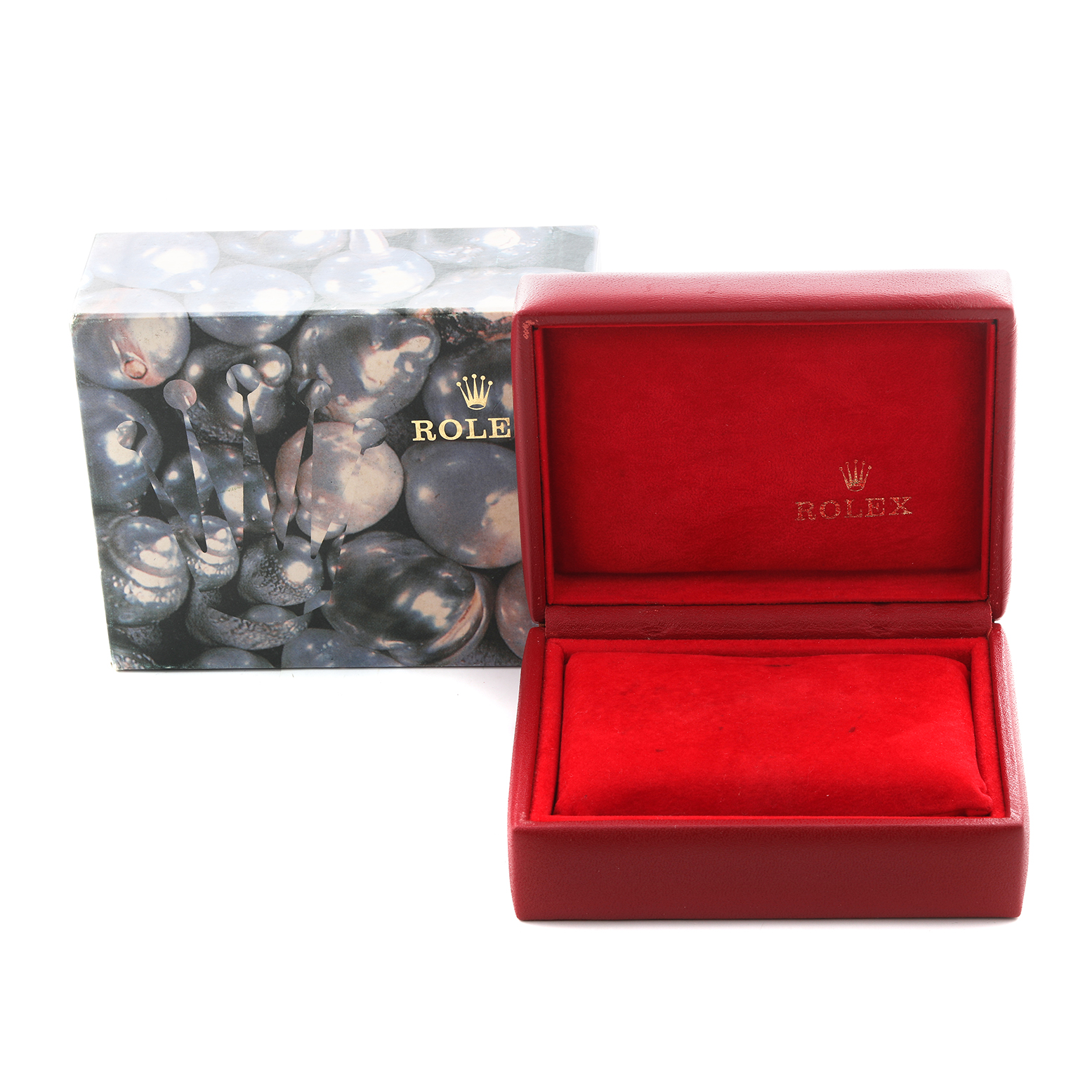 The image shows the watch box and packaging for a Rolex Datejust model number 79173, with a red velvet interior and decorative outer box.