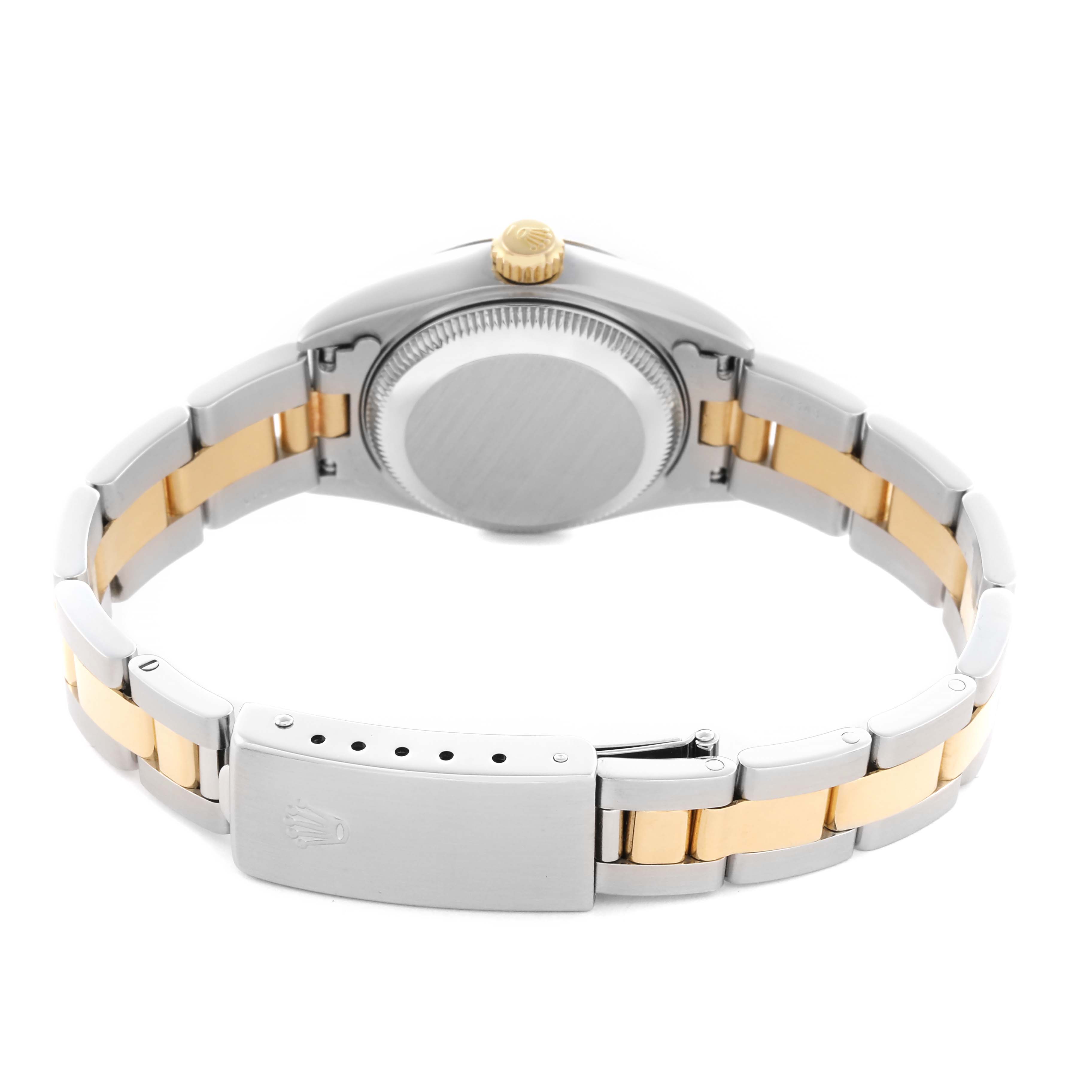 The Rolex Datejust model 79173 is shown from the back, highlighting the case back, crown, and two-tone bracelet.