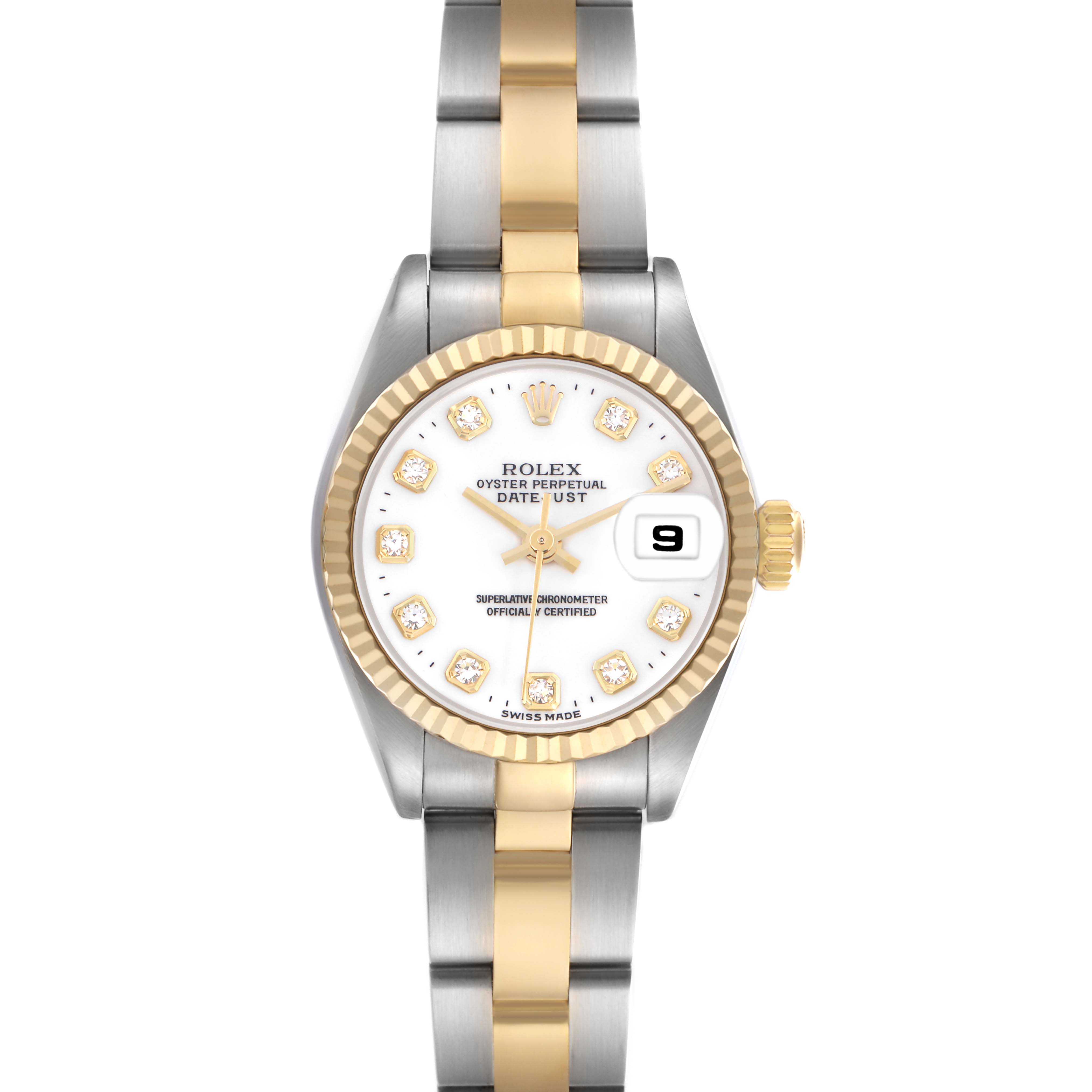 The image shows a Rolex Datejust model 79173 men's watch front on, highlighting the dial, bezel, and bracelet.