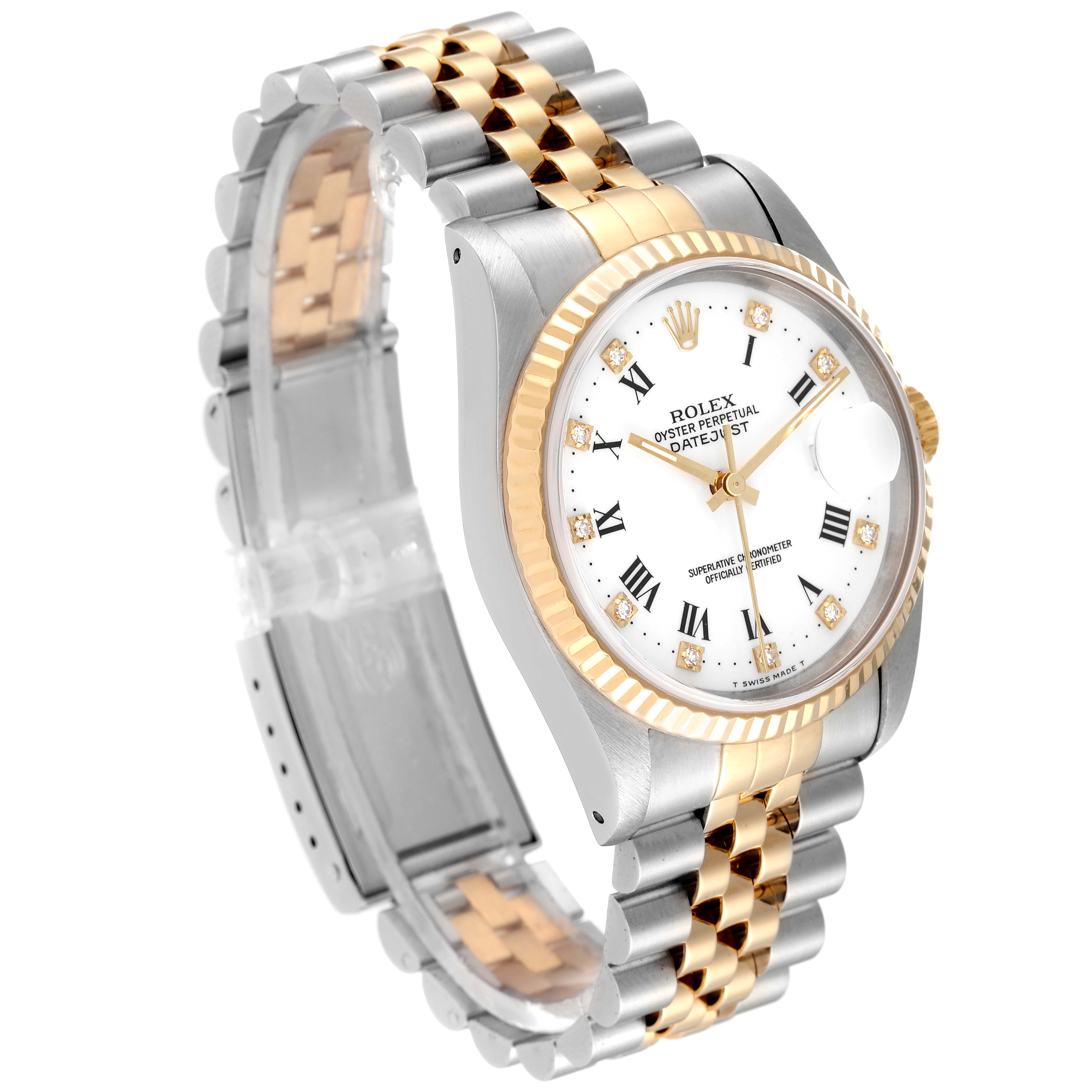This Rolex Datejust 16233 Men's Steel and Gold (two tone) White Dial 16233 Men's Steel and Gold (two tone) White Dial watch is shown at a slight angle, highlighting its two-tone bracelet, fluted bezel, and white dial with Roman numerals.
