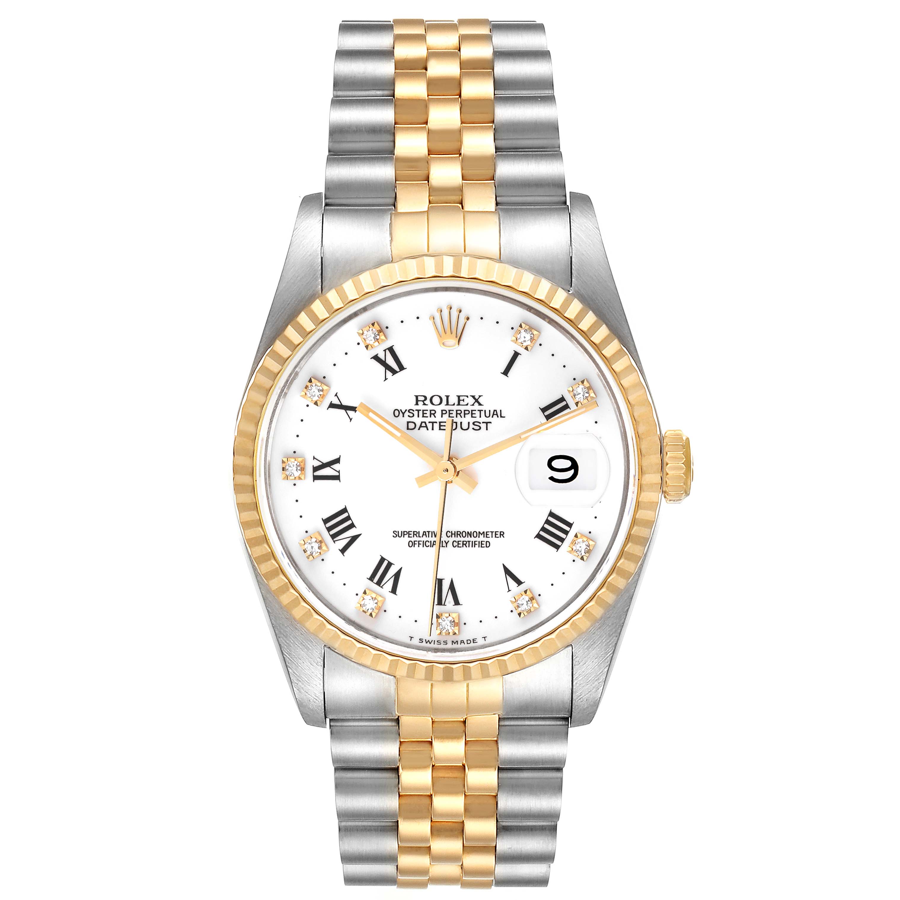 This Rolex Datejust 16233 Men's Steel and Gold (two tone) White Dial 16233 Men's Steel and Gold (two tone) White Dial watch is displayed from a front angle, showing its dial, bezel, crown, and two-tone bracelet.