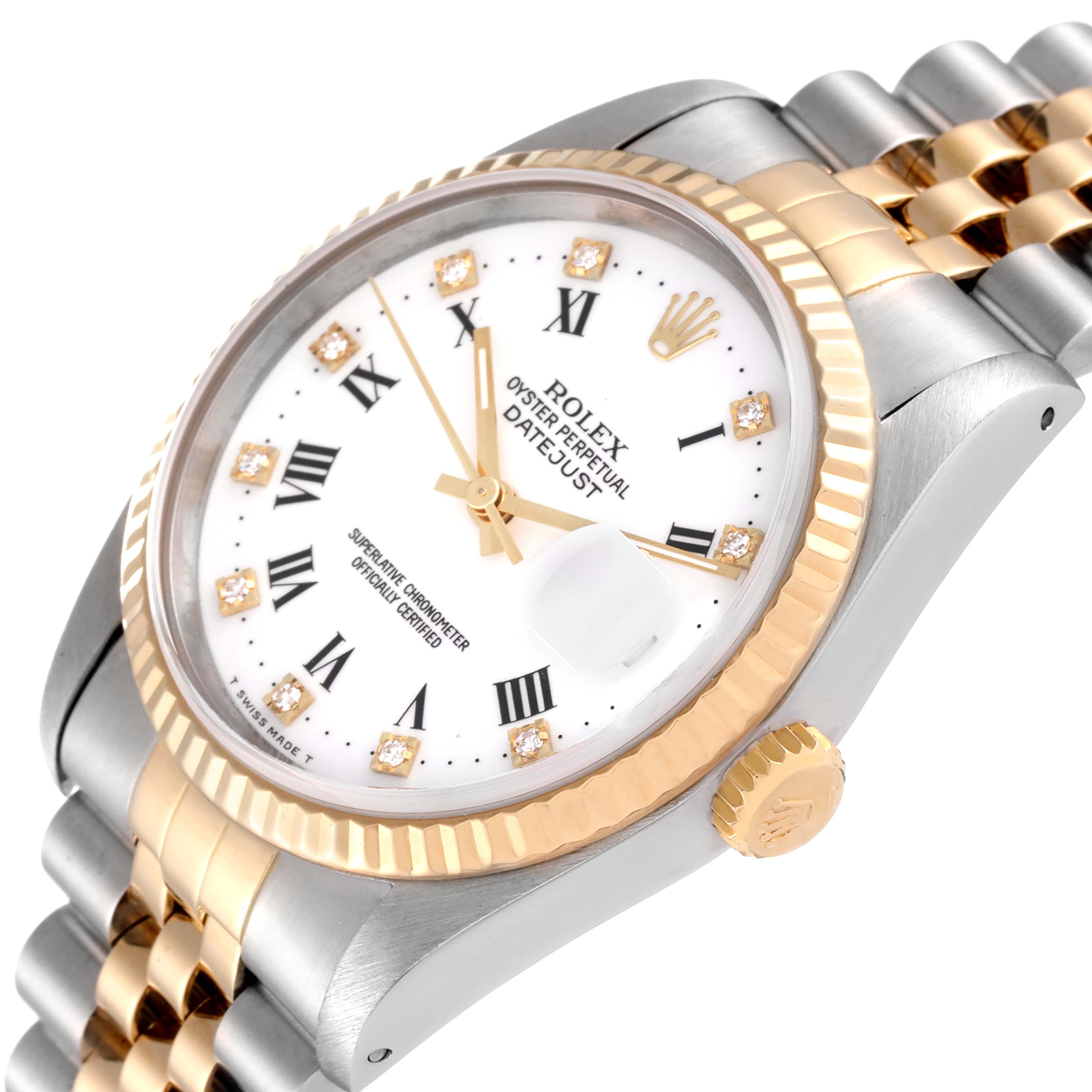 The image shows a Rolex Datejust 16233 Men's Steel and Gold (two tone) White Dial 16233 Men's Steel and Gold (two tone) White Dial watch at an angled view, highlighting its dial, bezel, and two-tone bracelet.