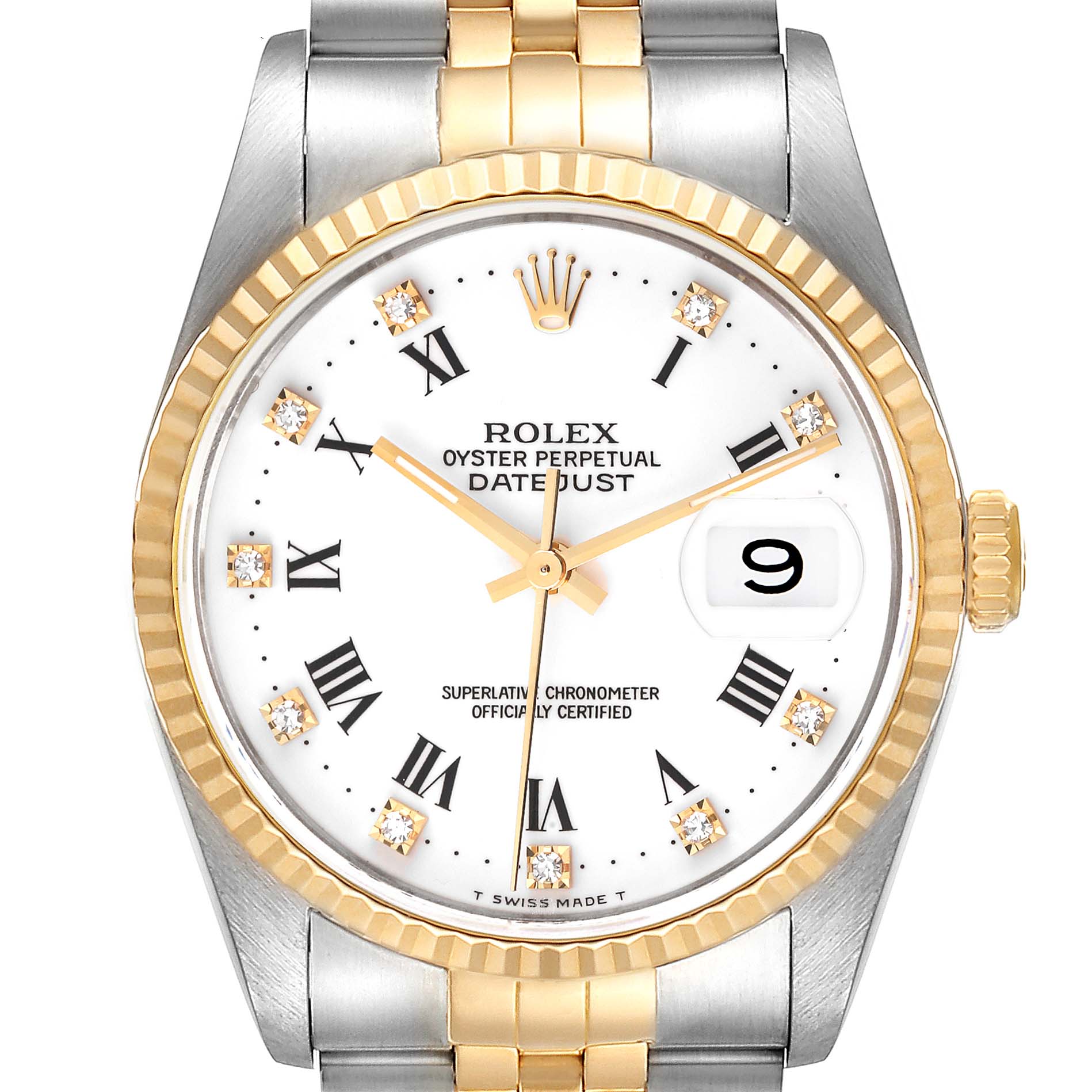 The image shows a frontal view of a Rolex Datejust 16233 Men's Steel and Gold (two tone) White Dial 16233 Men's Steel and Gold (two tone) White Dial watch, highlighting the dial, bezel, and part of the bracelet.
