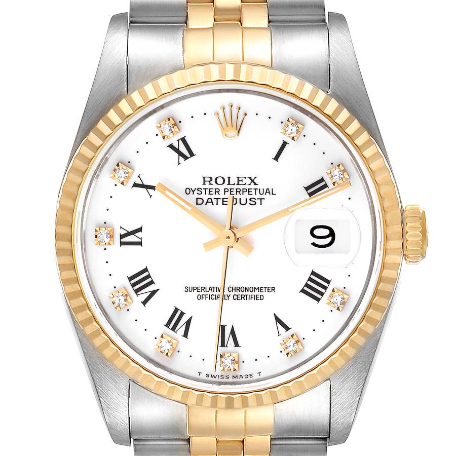 The image shows a frontal view of a Rolex Datejust watch, highlighting the dial, bezel, and part of the bracelet.