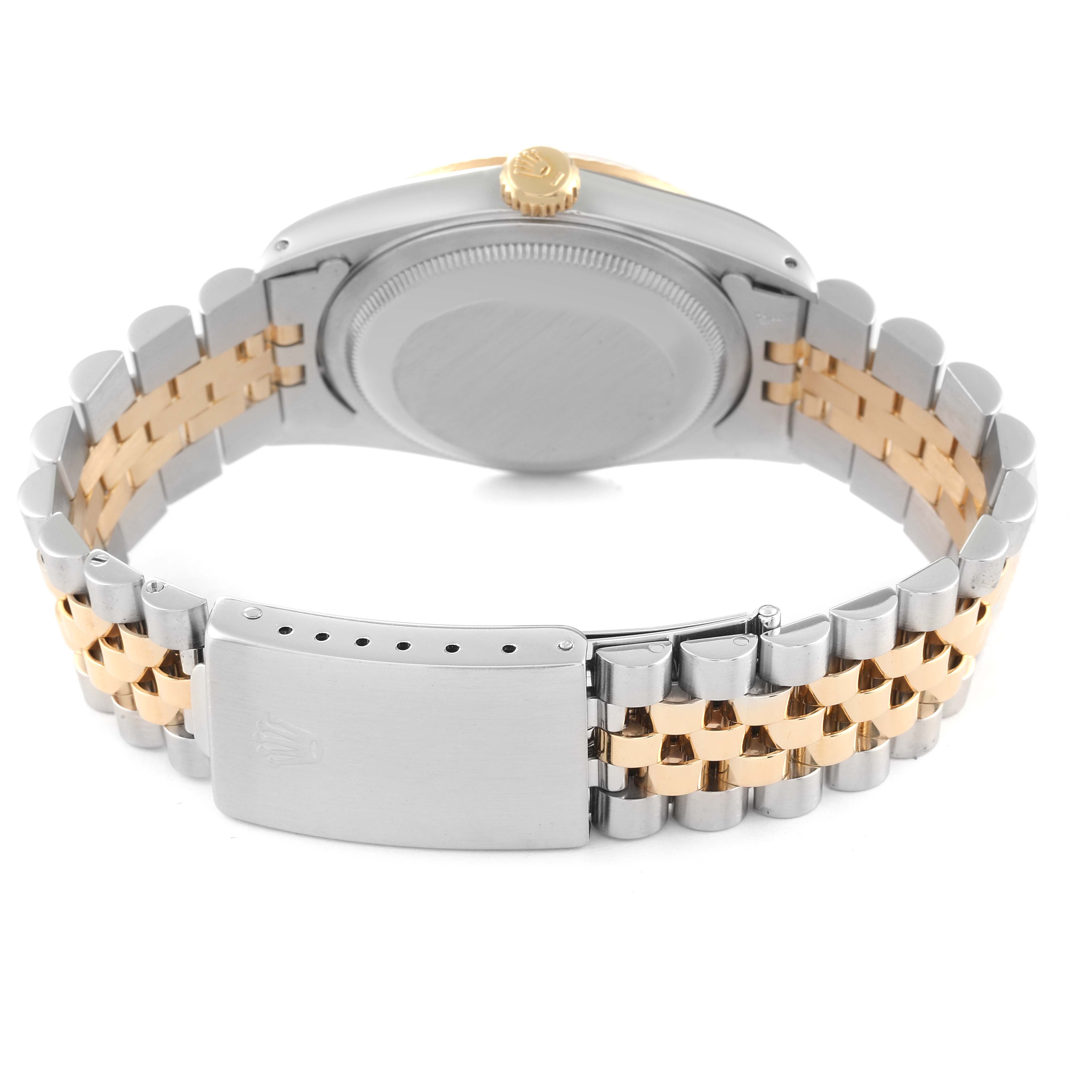The image shows the back and bracelet clasp of a Rolex Datejust 16233 Men's Steel and Gold (two tone) White Dial 16233 Men's Steel and Gold (two tone) White Dial watch, featuring a two-tone metal design.