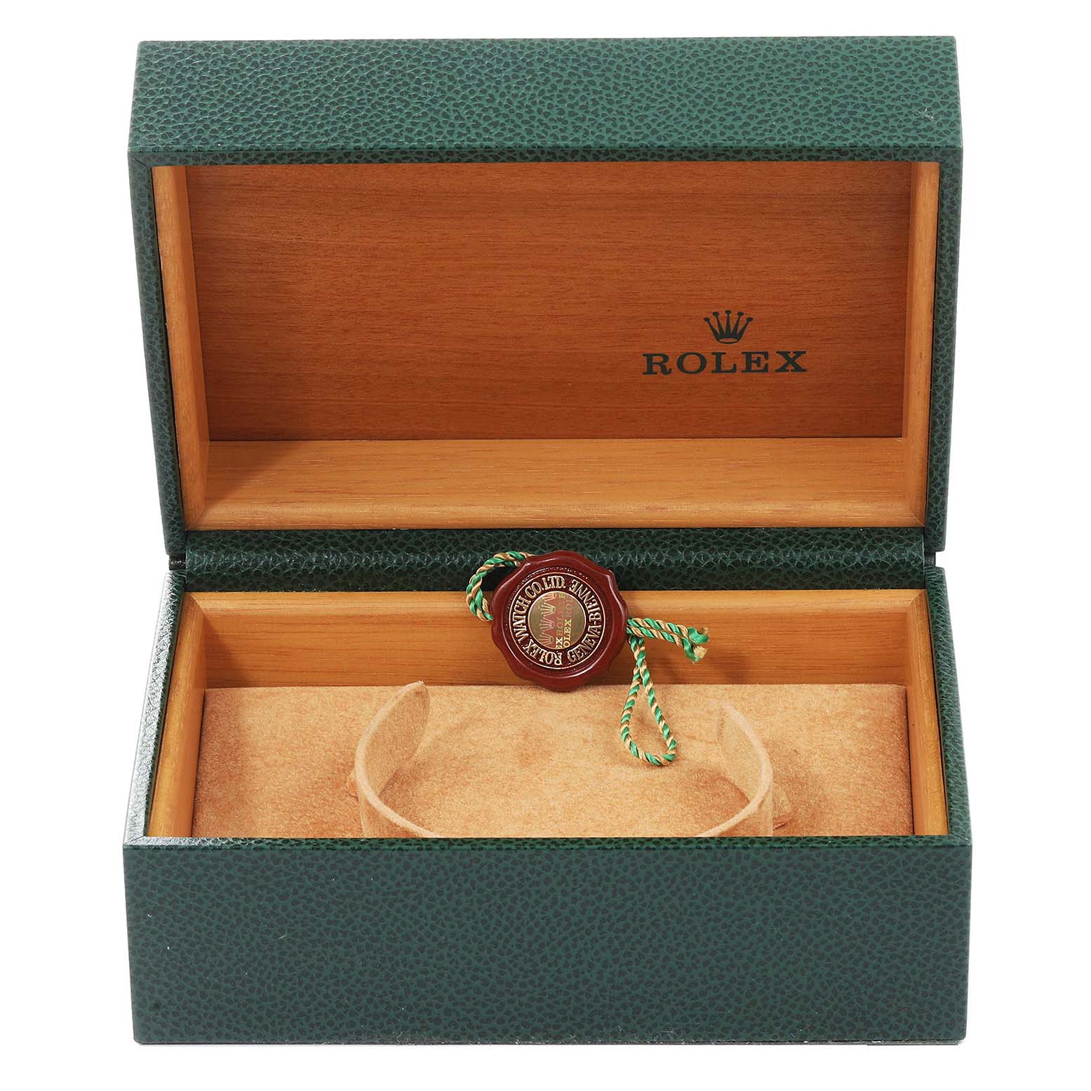 The image shows an open green leather Rolex watch box from the Vintage Collection model, featuring the interior and a seal.