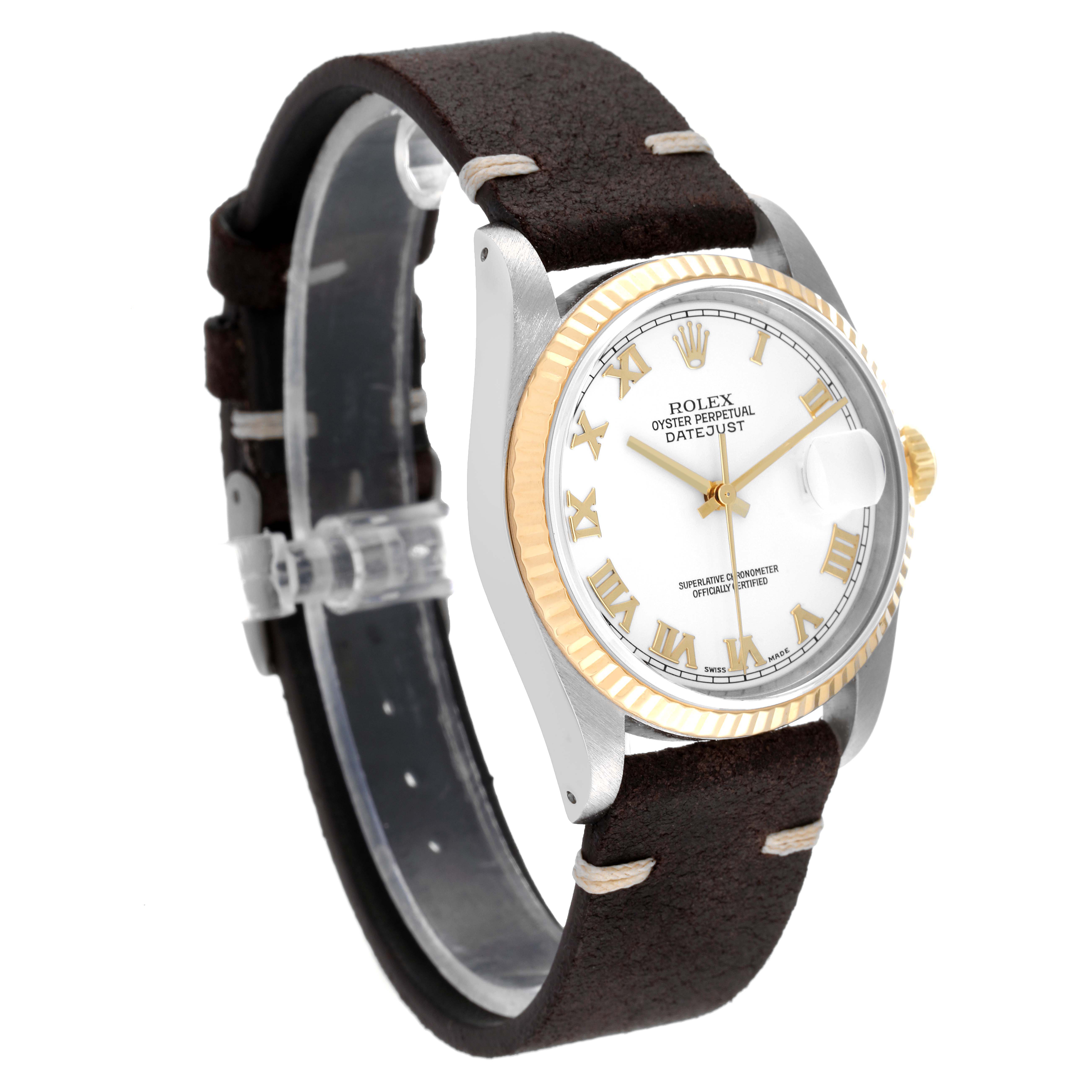 This image shows a Rolex Vintage Collection 16233 Men's Steel and Gold (two tone) White Dial 16233 Men's Steel and Gold (two tone) White Dial watch at an angled side view, highlighting the face, bezel, and leather strap.