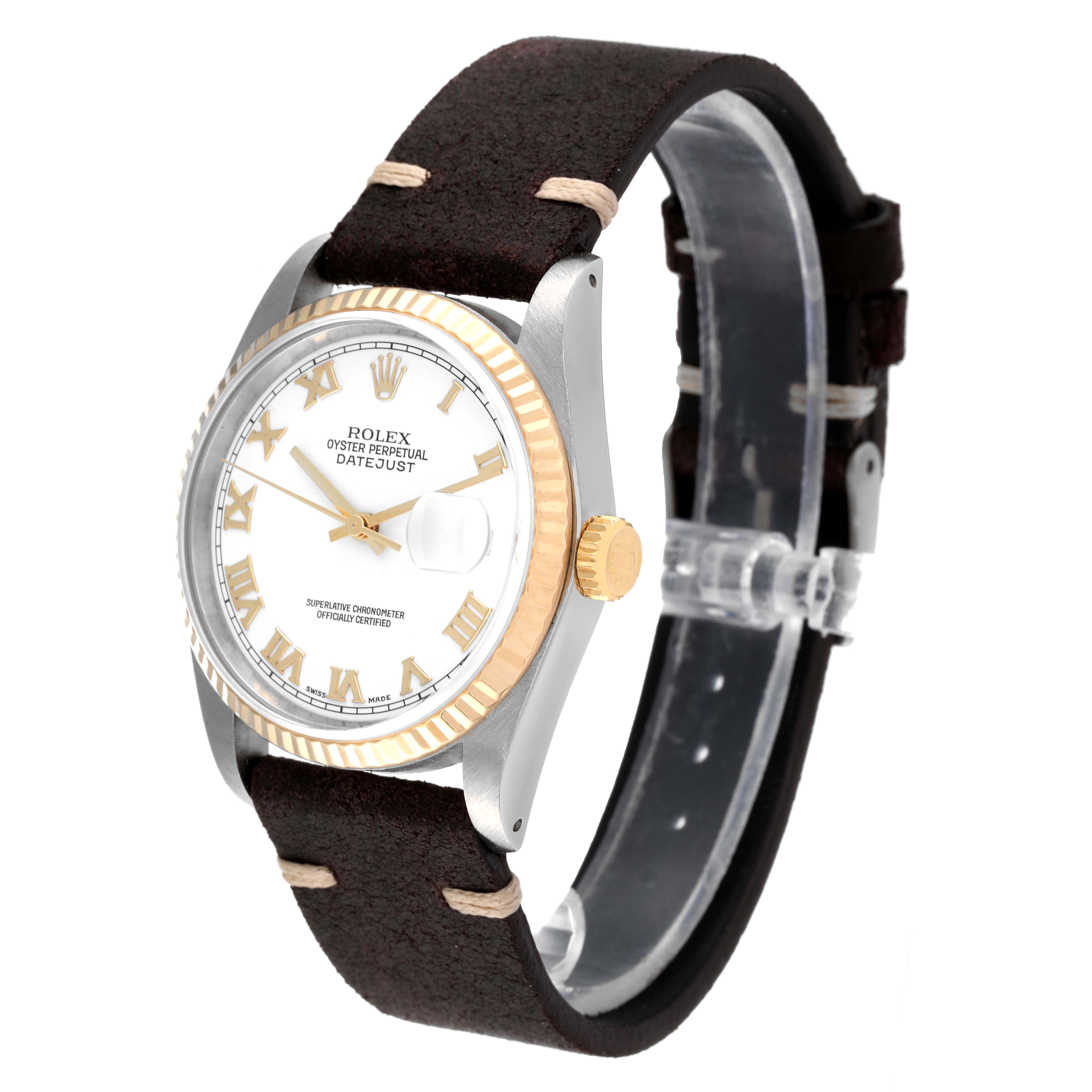 The Rolex Vintage Collection 16233 Men's Steel and Gold (two tone) White Dial 16233 Men's Steel and Gold (two tone) White Dial Datejust is shown from an angled front view, highlighting the dial, bezel, and leather strap.