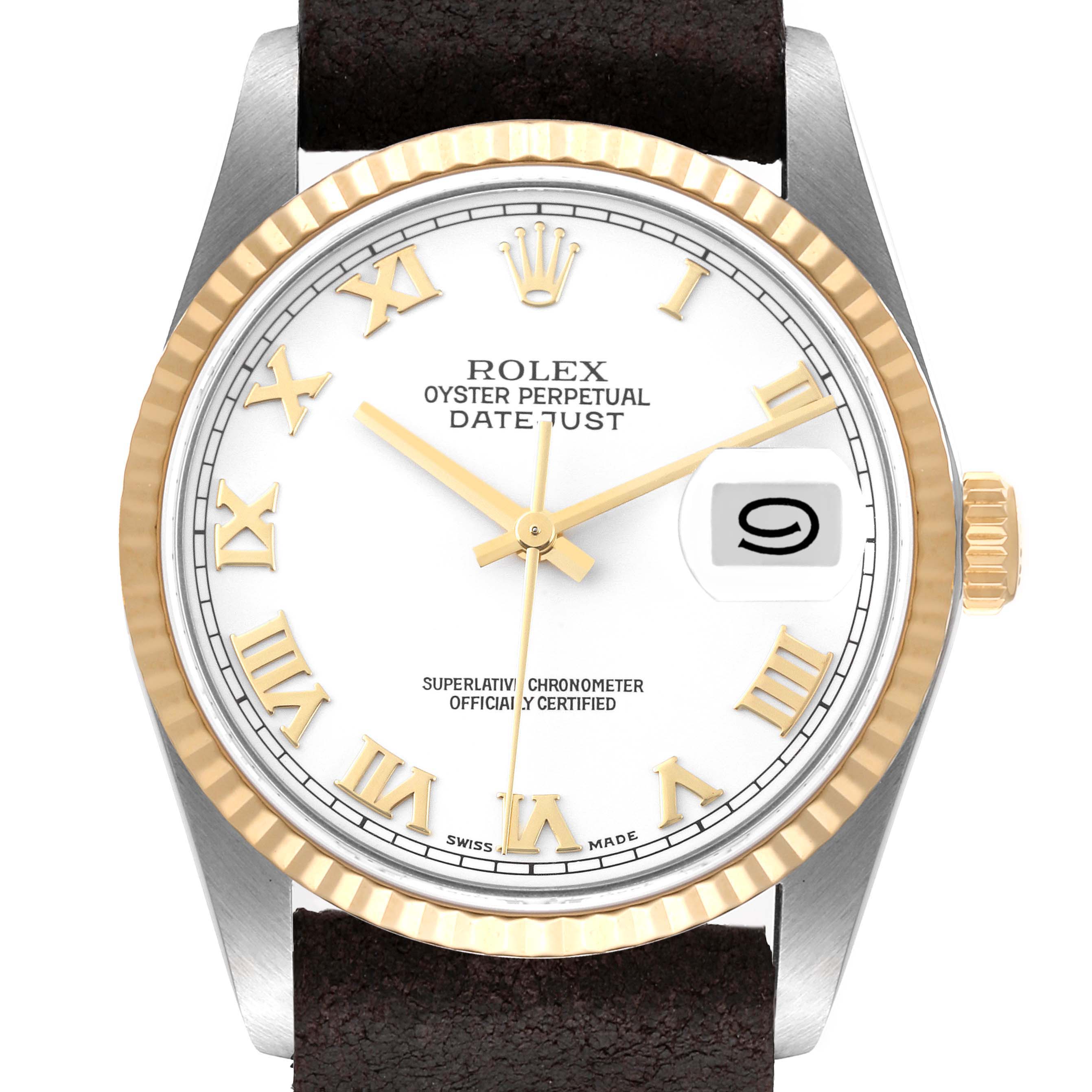 The image shows a front view of the Rolex Vintage Collection 16233 Men's Steel and Gold (two tone) White Dial 16233 Men's Steel and Gold (two tone) White Dial Oyster Perpetual Datejust watch with a black strap and gold bezel.